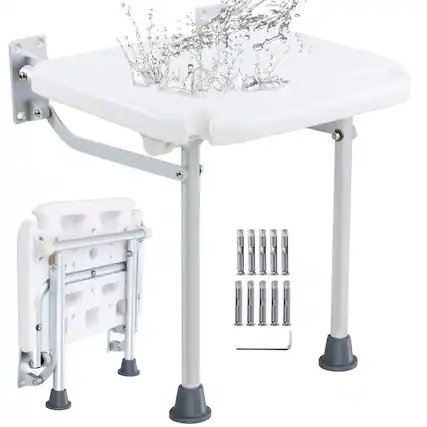 Front. VEVOR - Folding PE Shower Seat, 15.7'' x 14.8'' Unfolded, Wall Mounted Fold Up Shower Bench with 500 lbs Load Capacity - White.