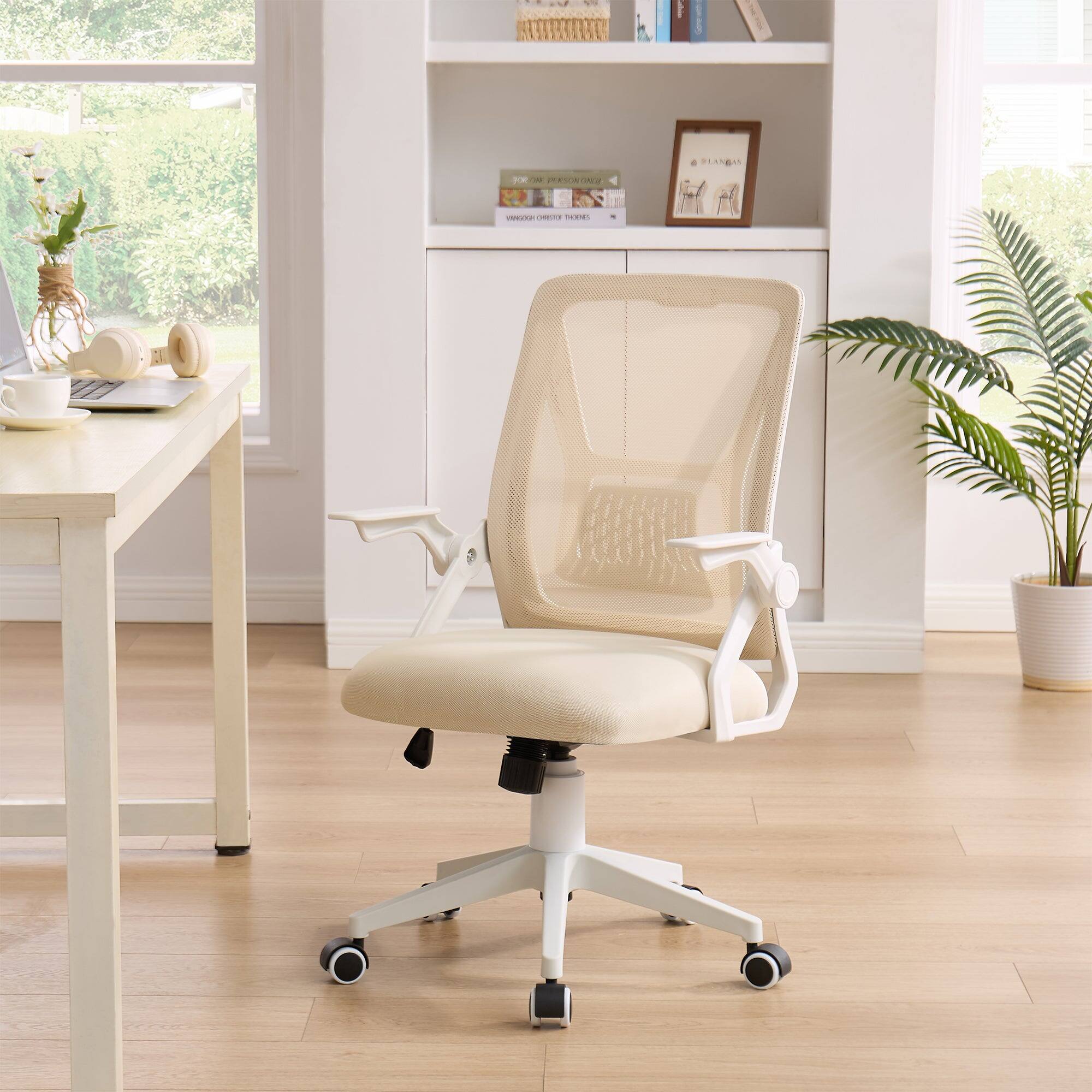 Vecelo - Mesh Office Chair With Lumbar Support, Breathable Design, 90° Adjustable Arms And Height Adjustment (36-39 Inches) - Beige