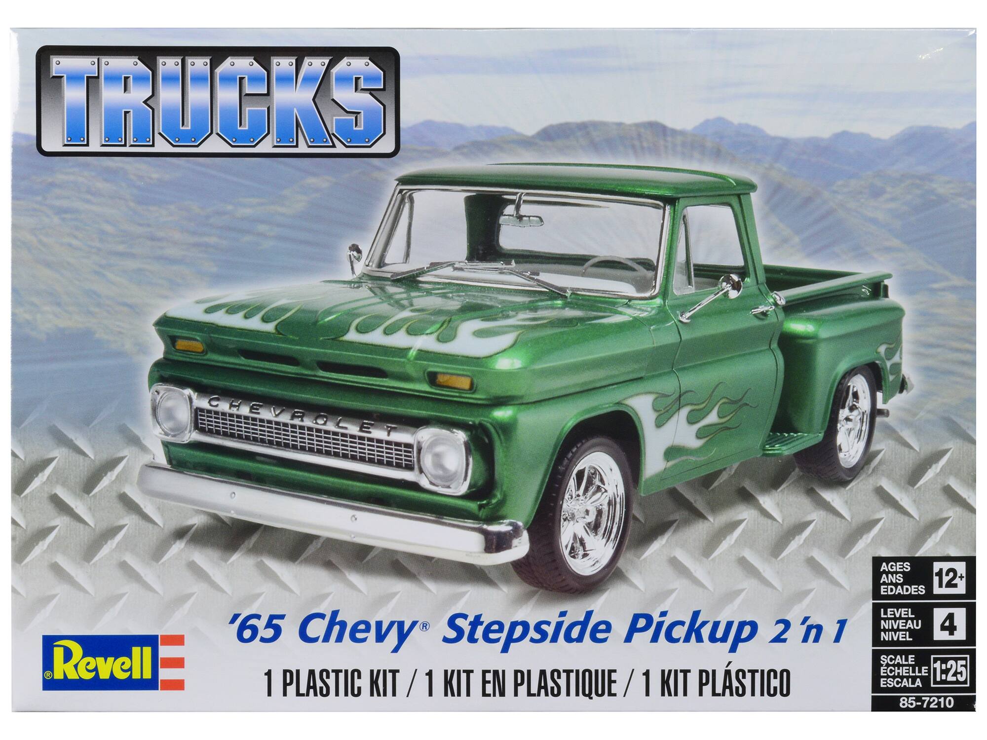 TRUCKS  
'65 Chevy Stepside Pickup 2 'n 1  
1 PLASTIC KIT / 1 KIT EN PLASTIQUE / 1 KIT PLÁSTICO  
AGES 12+ EDAD  
LEVEL 4 NIVEL  
SCALE 1:25 ESCALA  
85-7210