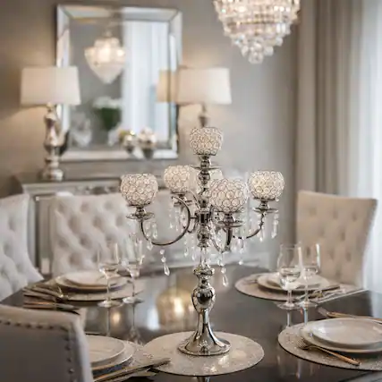 Front. FC Design - 30"H Silver Five-Arm Stand w/ Crystal Globe Cups Candle Holder - Multicolor.