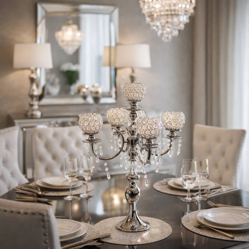 Front. FC Design - 30"H Silver Five-Arm Stand w/ Crystal Globe Cups Candle Holder - Multicolor.