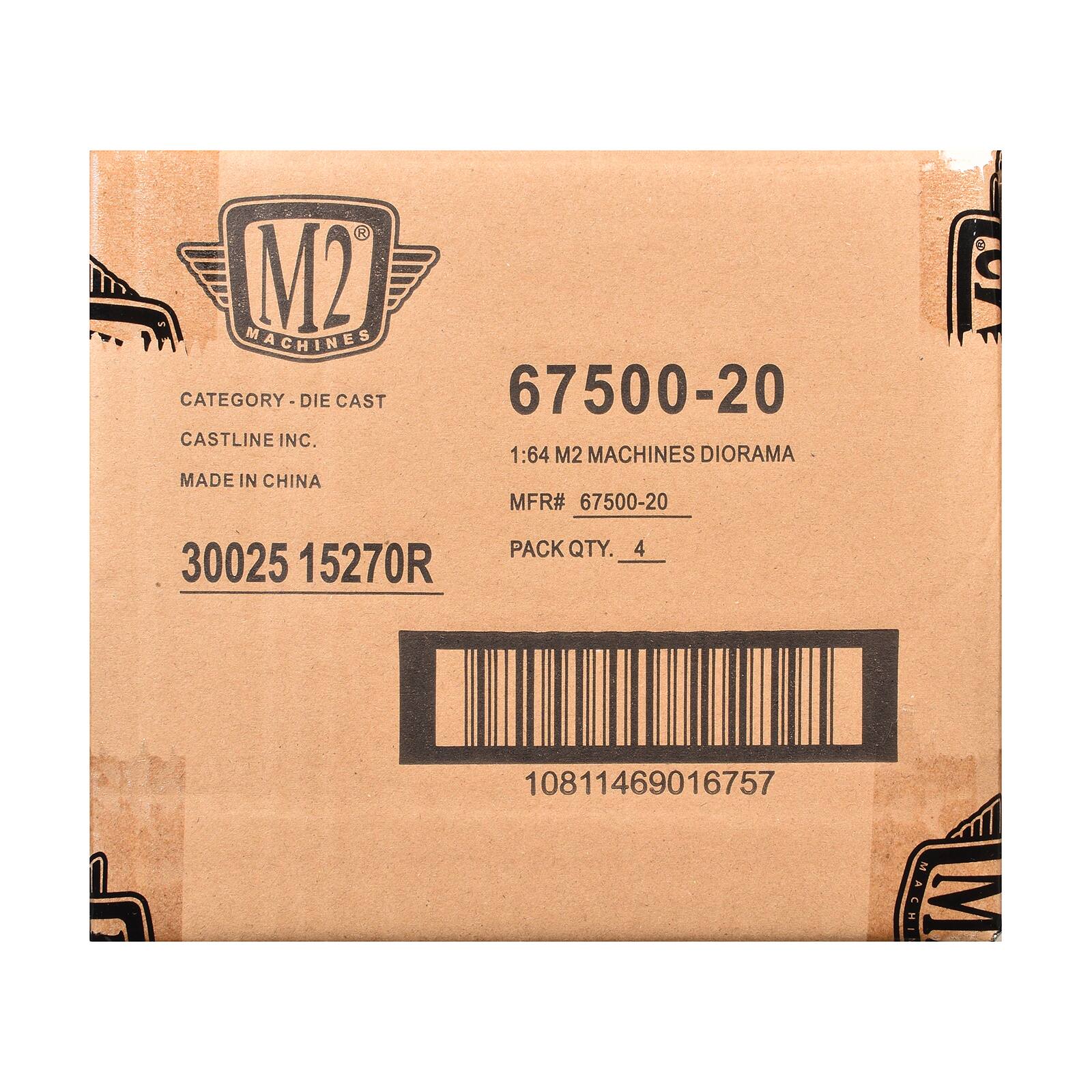 M2 MACHINES  
CATEGORY - DIE CAST  
CASTLINE INC.  
MADE IN CHINA  

67500-20  
1:64 M2 MACHINES DIORAMA  
MFR# 67500-20  

30025 15270R  
PACK QTY. 4  

10811469016757