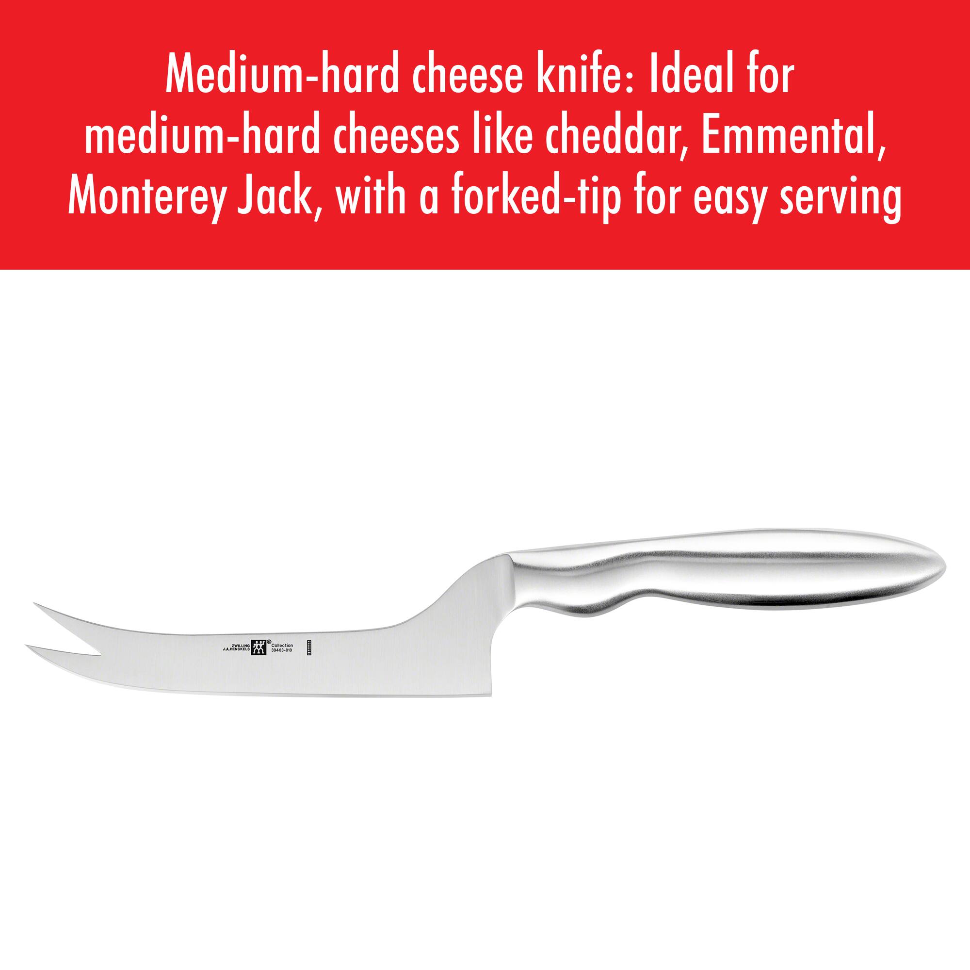 Medium-hard cheese knife: Ideal for medium-hard cheeses like cheddar, Emmental, Monterey Jack, with a forked-tip for easy serving