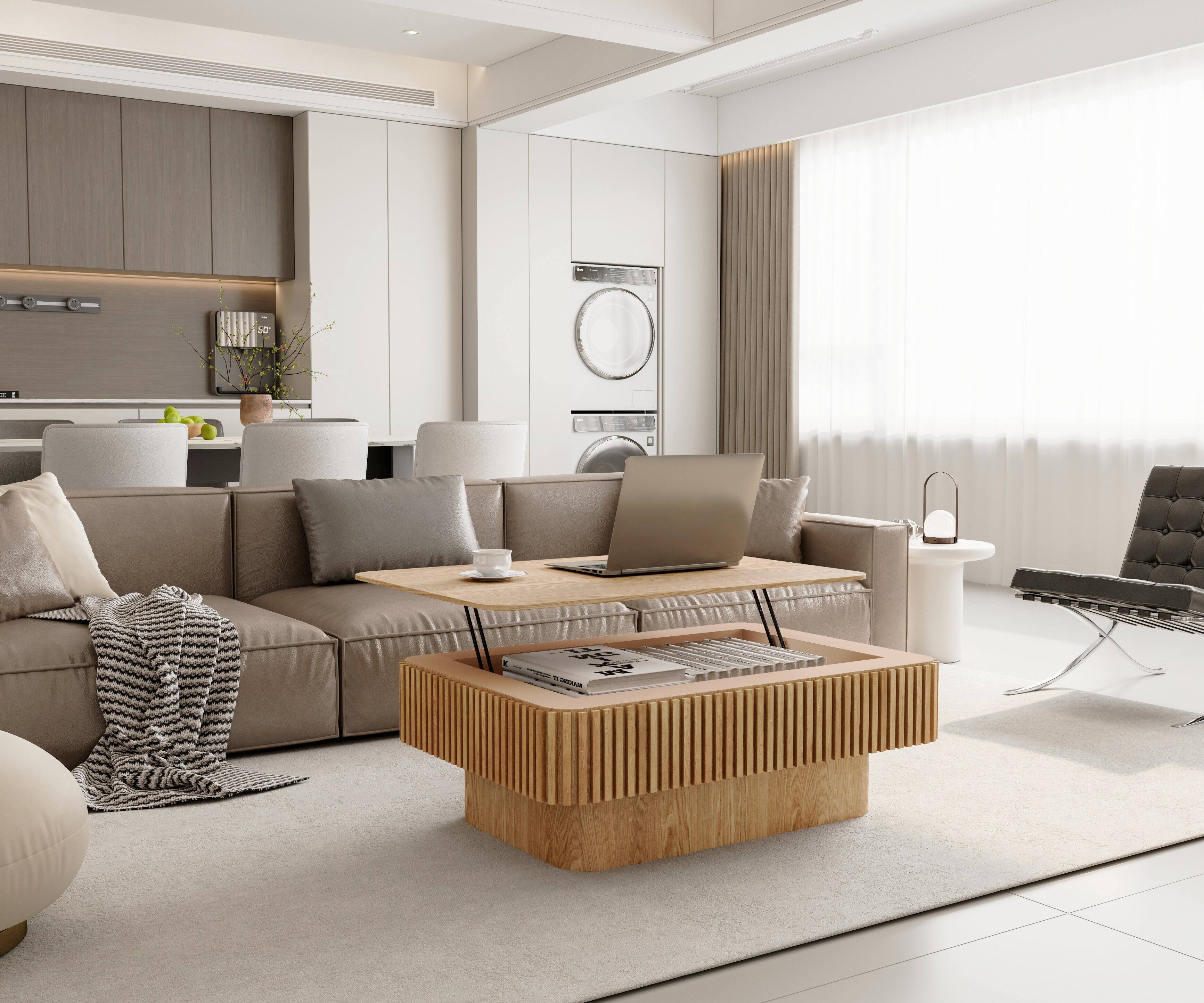 Angle. Loheer - Loheer Fluted Lift Top Coffee Table Solid Wood Veneer Adjustable Height Tea Table with Hidden Storage Natural Wood - Natural Wood.