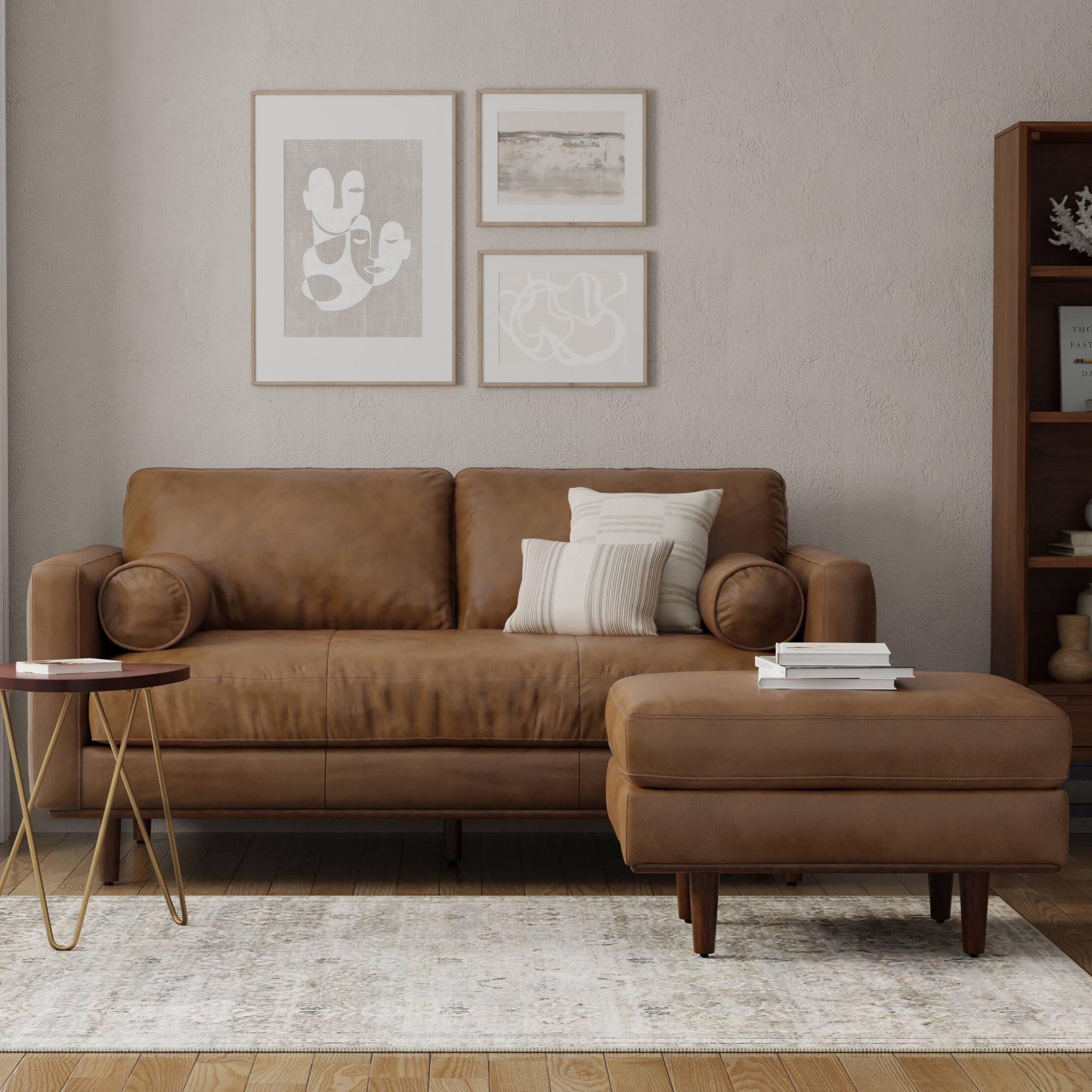 Simpli Home - Morrison Mid-Century Modern 72 inch Wide Sofa with Ottoman Set in Caramel Brown Genuine Leather - Caramel Brown - Thumbnail 4
