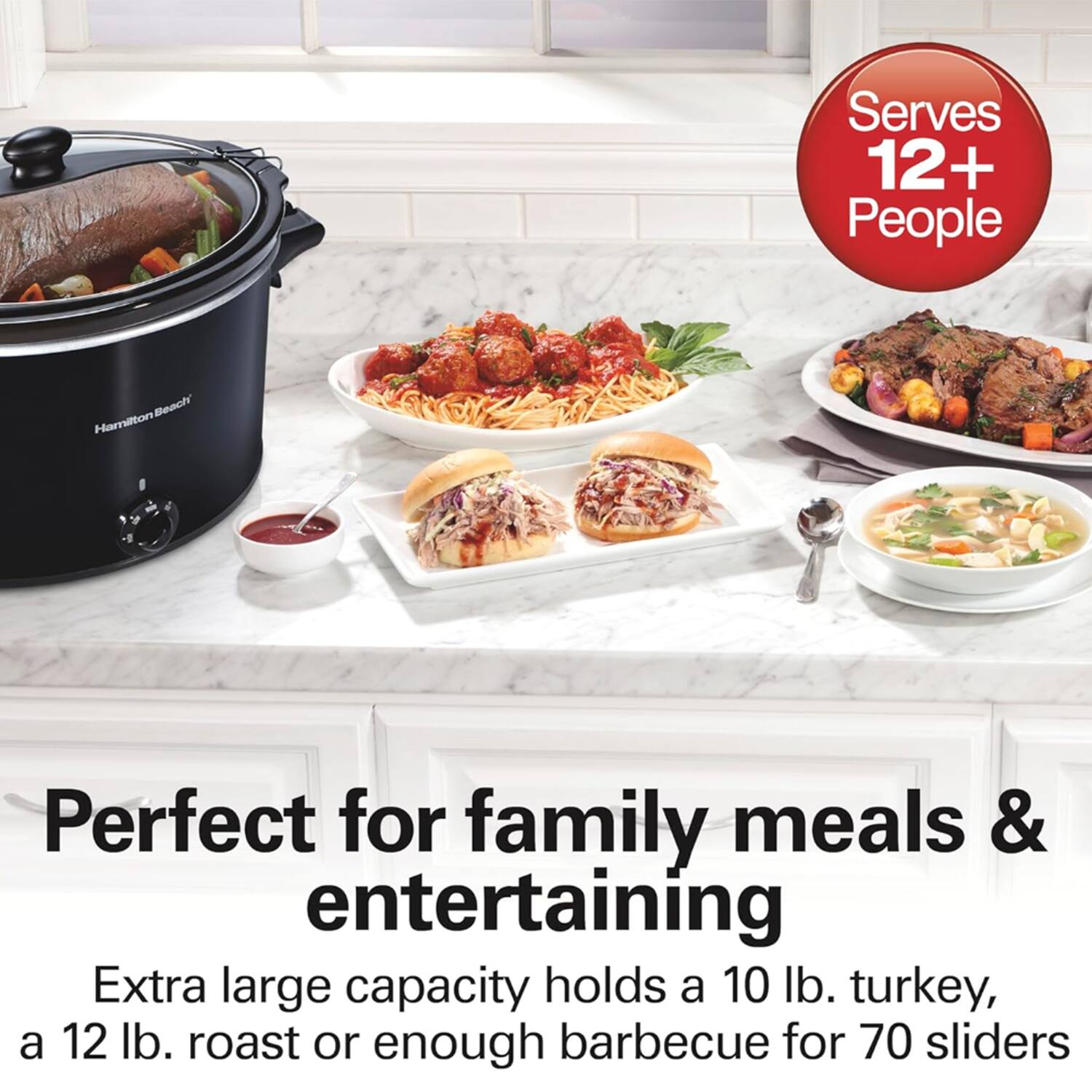 Serves 12+ People  
Hamilton Beach  
Perfect for family meals & entertaining  
Extra large capacity holds a 10 lb. turkey, a 12 lb. roast or enough barbecue for 70 sliders
