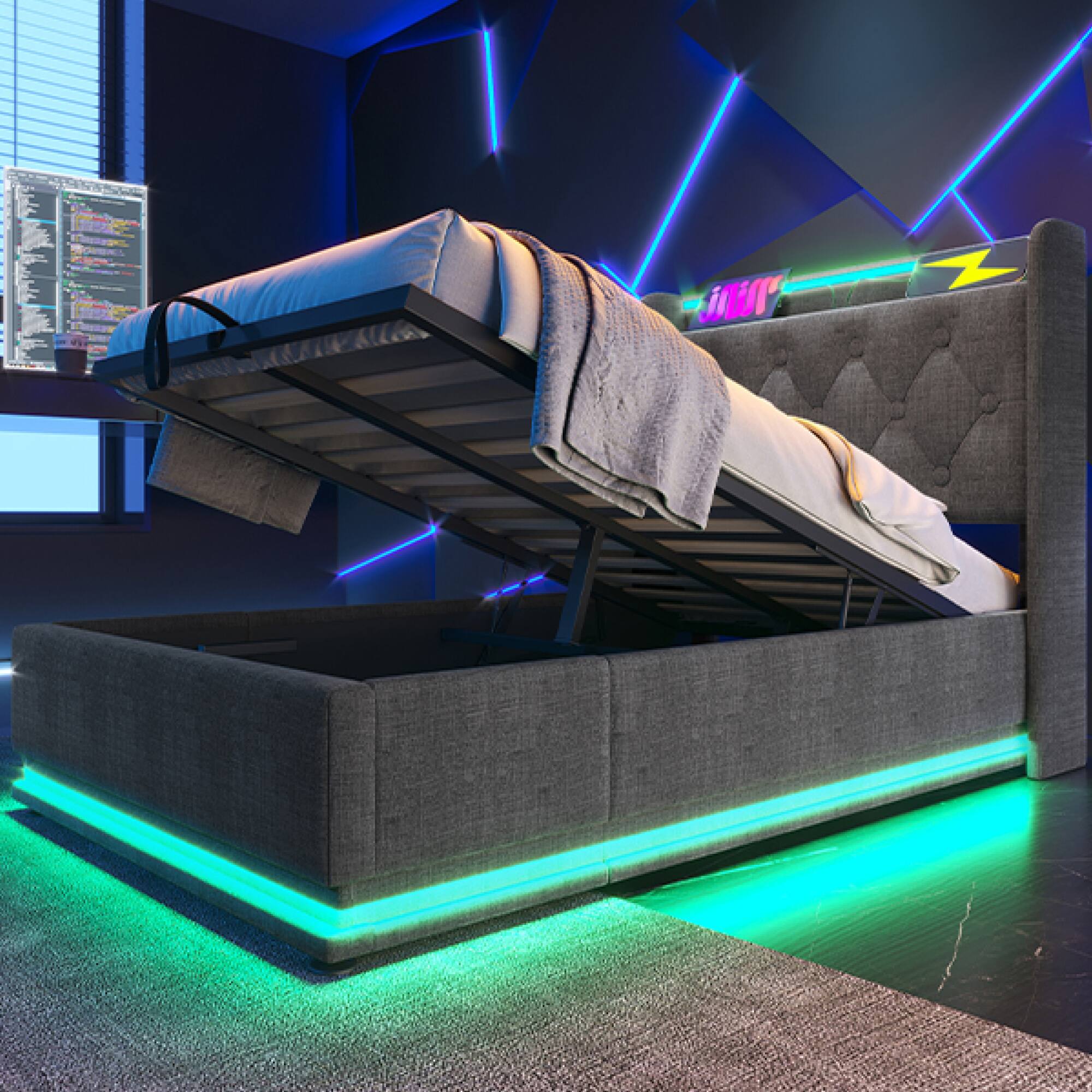 Alt View 9. GOODSILO - Twin Size Upholstered Bed Frame with LED Lighting and Hydraulic Storage - Gray.