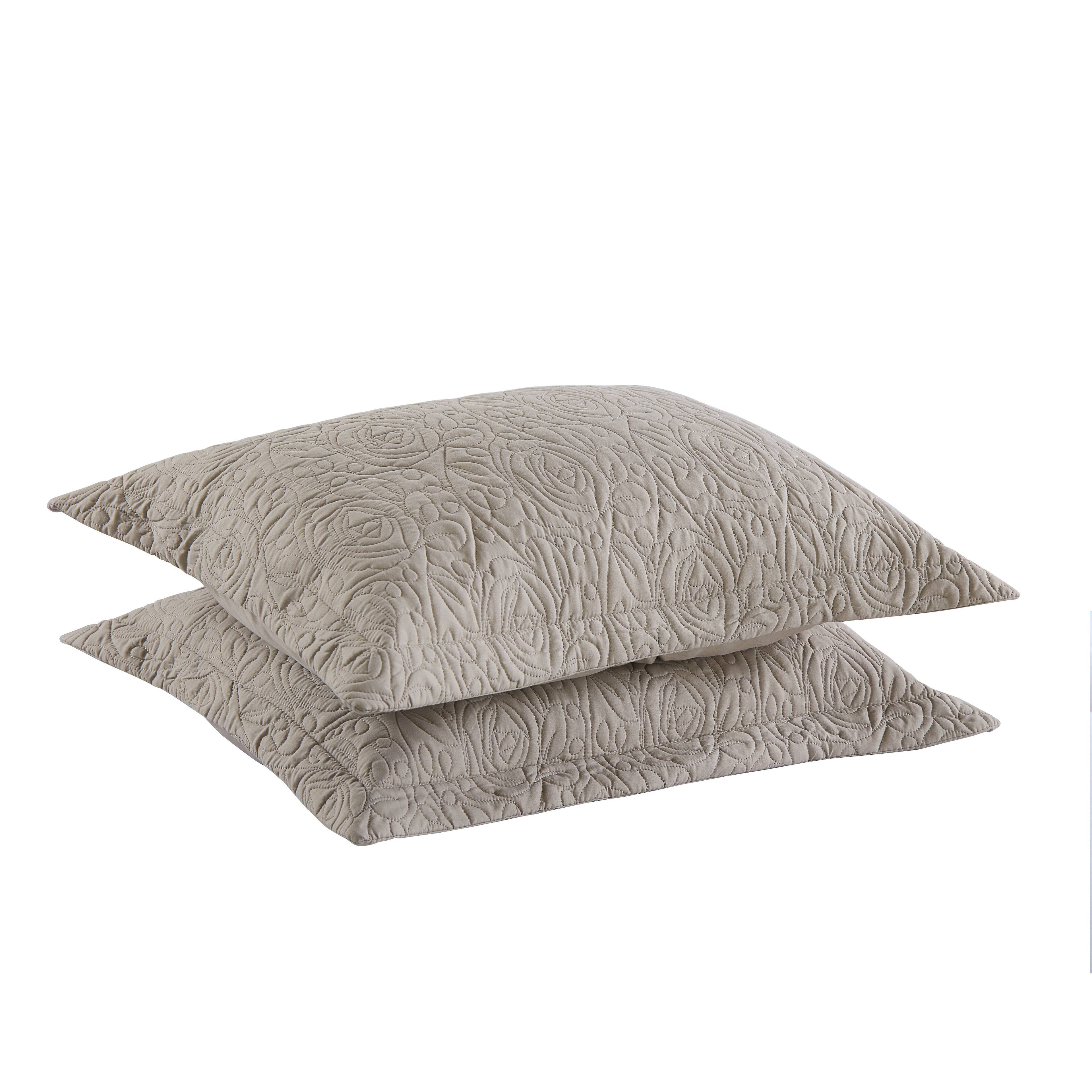 Left. MarCielo - 2-Pack Embroidered Solid Color Pillow Shams Polyester - Taupe.