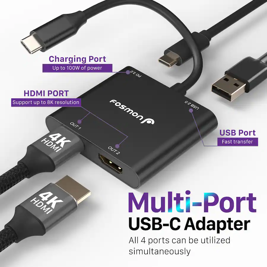 Fosmon USB C Hub, USB C to Dual HDMI Adapter 4k@30Hz, HDMI