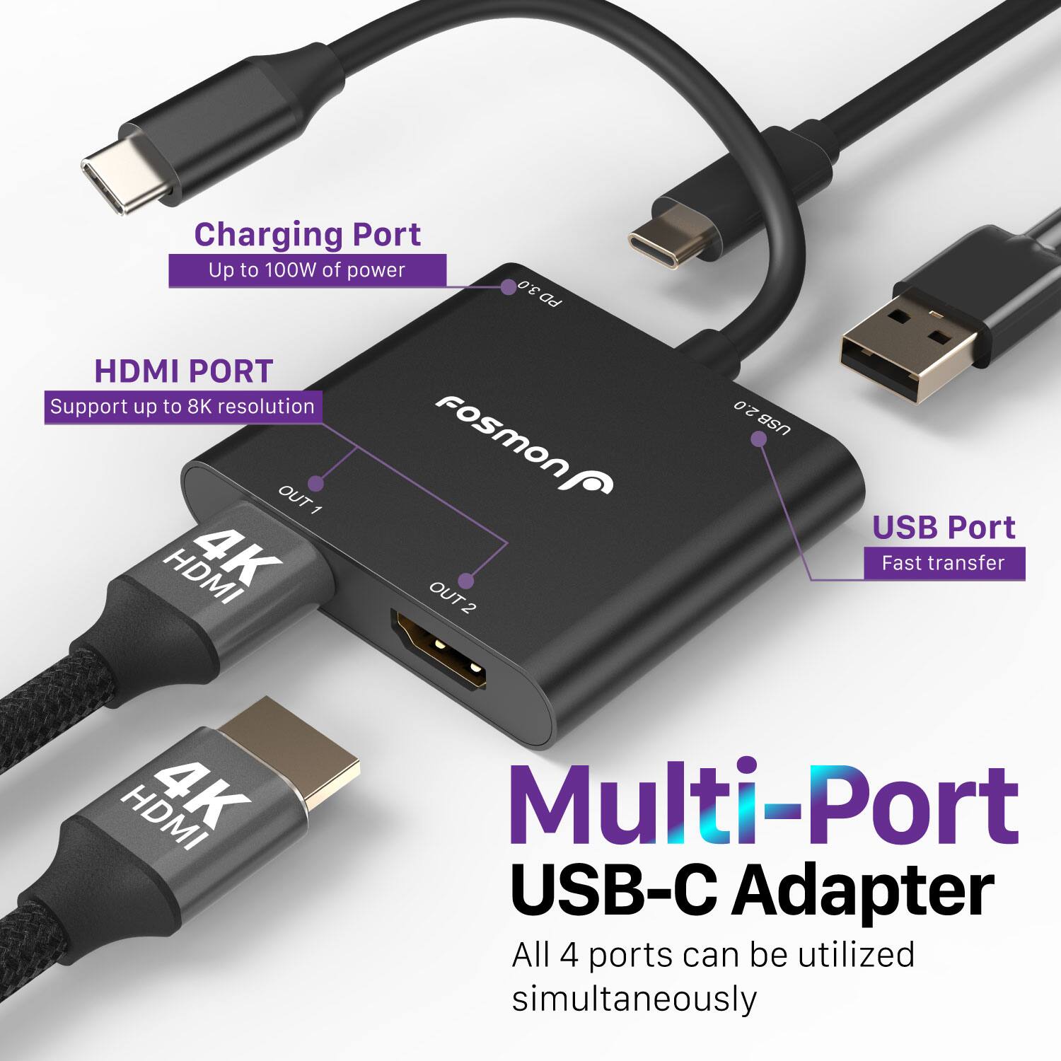 Charging Port  
Up to 100W of power  

HDMI PORT  
Support up to 8K resolution  

USB Port  
Fast transfer  

Multi-Port USB-C Adapter  
All 4 ports can be utilized simultaneously