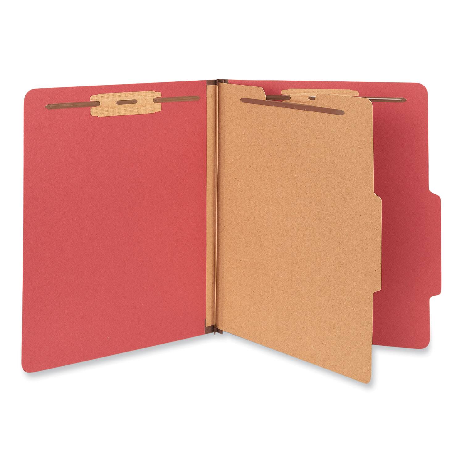 Angle. Universal - Bright Colored Pressboard Classification Folders, 2" Expansion, 1 Divider, 4 Fasteners, Letter Size, Ruby Red, 10/Box.