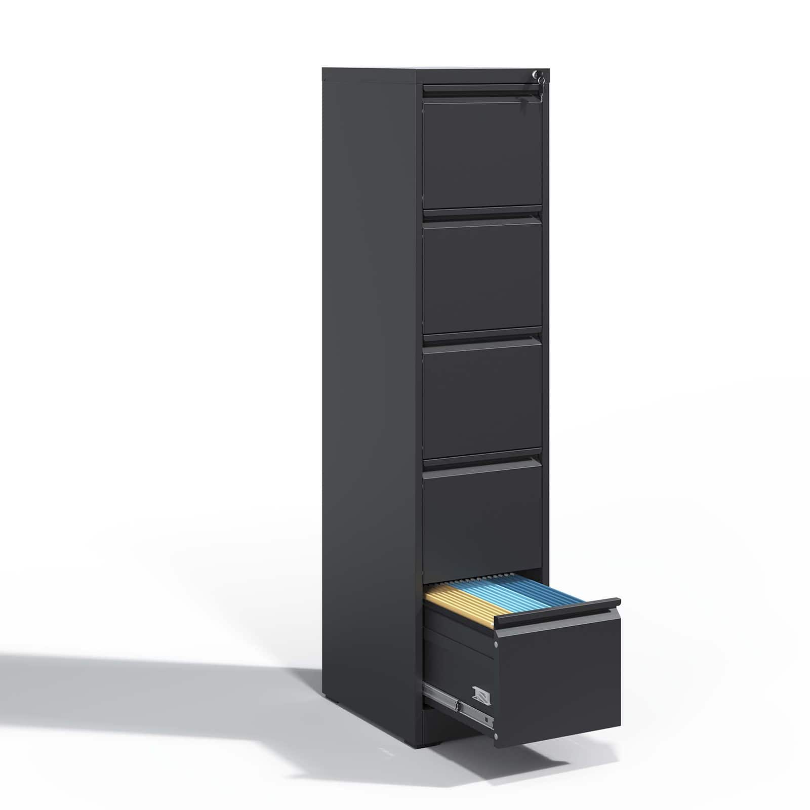 Chateau Abodes - 5 Drawer File Cabinet with Lock, Metal Vertical Filing Storage for A4 Legal/Letter Size - Black
