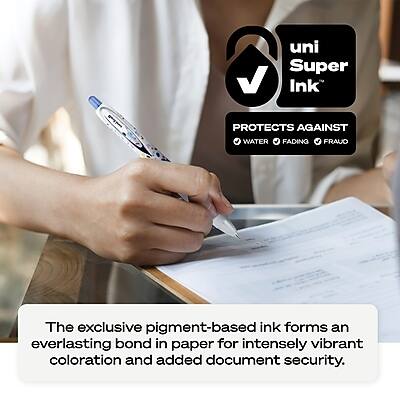 uni Super Ink™  
PROTECTS AGAINST  
WATER  
FADING  
FRAUD  

The exclusive pigment-based ink forms an everlasting bond in paper for intensely vibrant coloration and added document security.