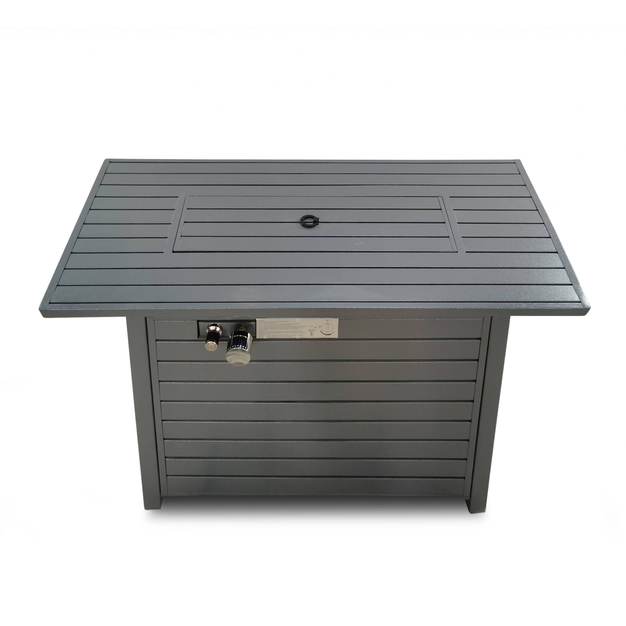 Angle. Mondawe - 11" H x 42" L Steel Propane Outdoor Fire Pit Table with Lid - Gray.