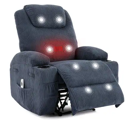 Front. Babevy - Electric Recliner with Massage & Heat, 135° Adjustable Corduroy Chair with Cup Holders, Side Pockets - Blue.