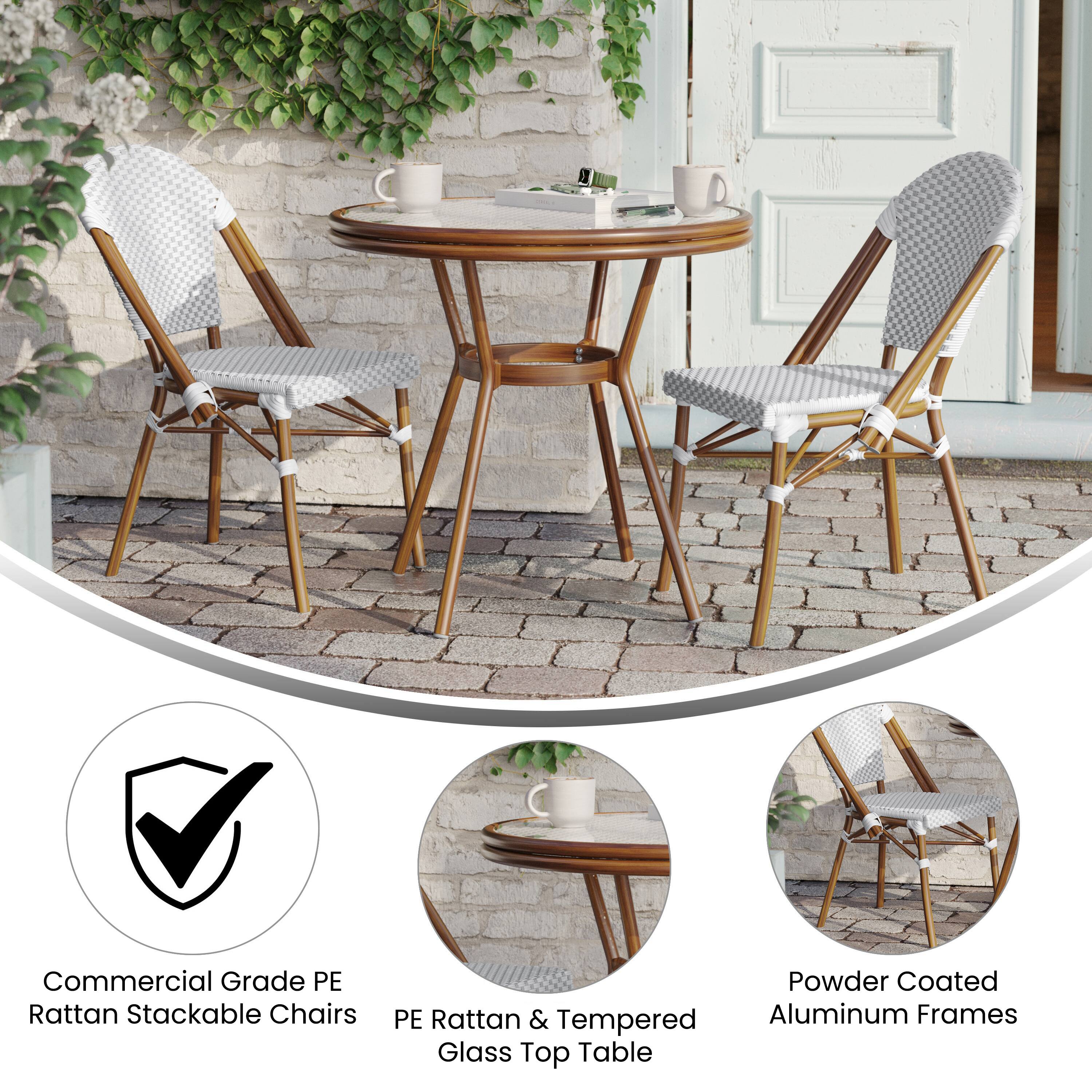 Commercial Grade PE Rattan Stackable Chairs  
Powder Coated PE Rattan & Tempered Aluminum Frames  
Glass Top Table