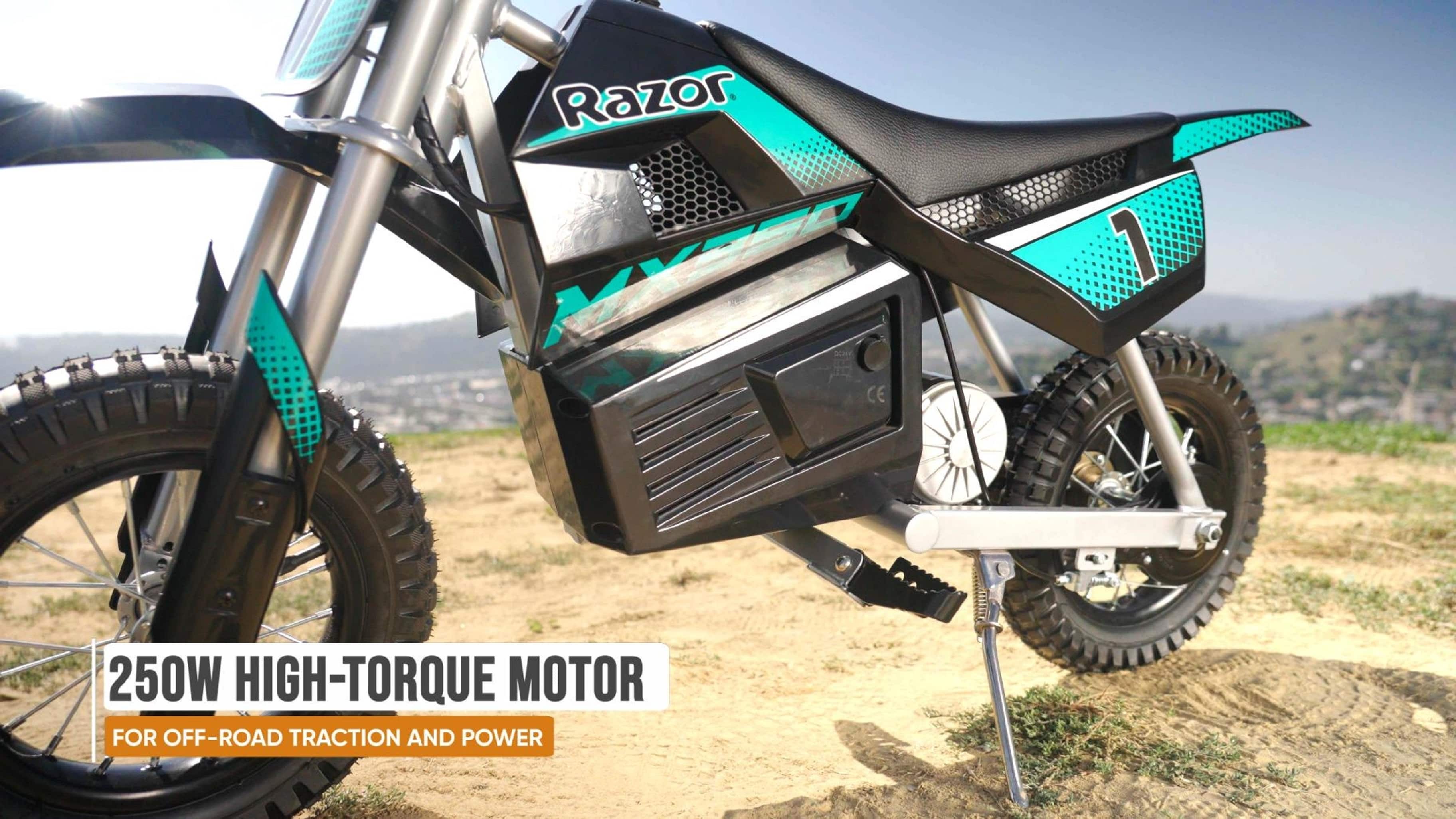 The text on the image reads: "Razor C MXZ CE 1 250W HIGH-TORQUE MOTOR FOR OFF-ROAD TRACTION AND POWER."