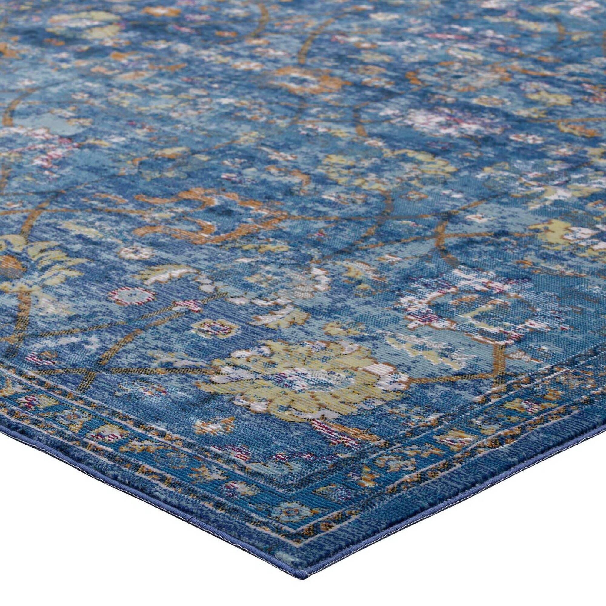 Alt View 2. Modway - Minu Distressed Floral Lattice Area Rug - Dark Blue Yellow and Orange.