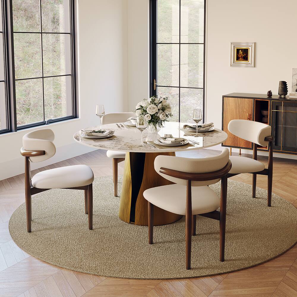 Left. POVISON - 47" Modern Round Kitchen Dining Table for 4, Glossy Pandora Sintered Stone Tabletop whit Solid Bronze Carbon Steel Base - Pandora & Bronze Steel Base.