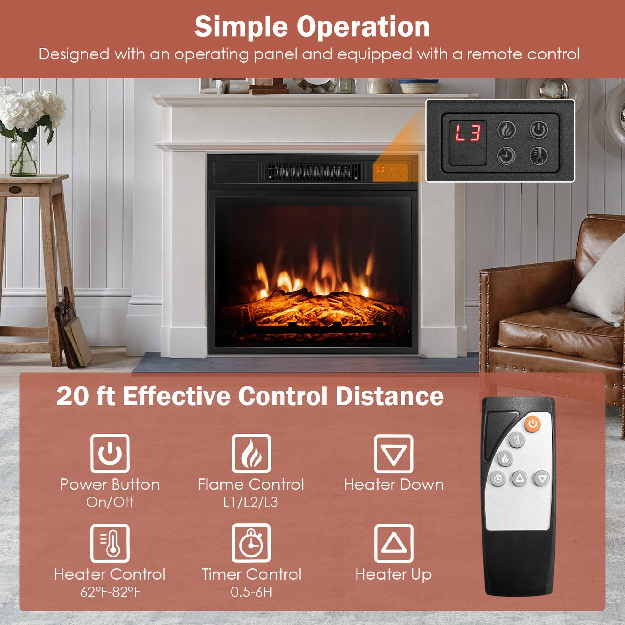 Simple Operation  
Designed with an operating panel and equipped with a remote control

20 ft Effective Control Distance

- Power Button On/Off
- Flame Control L1/L2/L3
- Heater Down
- Heater Control 62°F-82°F
- Timer Control 0.5-6H
- Heater Up