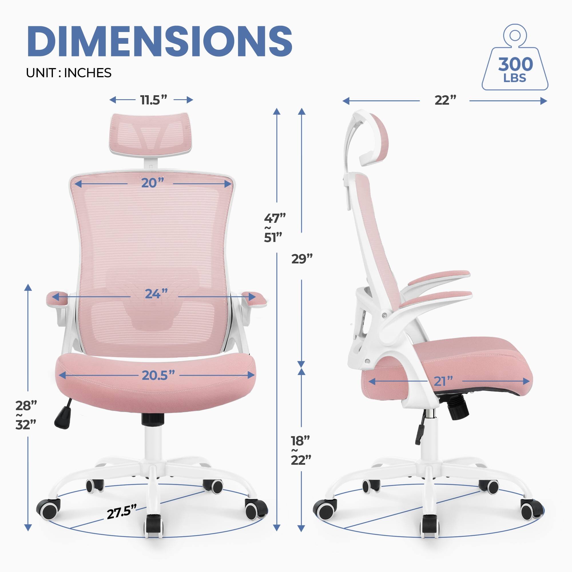 DIMENSIONS  
UNIT: INCHES  

- 11.5"  
- 22"  
- 20"  
- 47" ~ 51"  
- 29"  
- 24"  
- 20.5"  
- 21"  
- 28" ~ 32"  
- 18" ~ 22"  
- 27.5"  

300 LBS