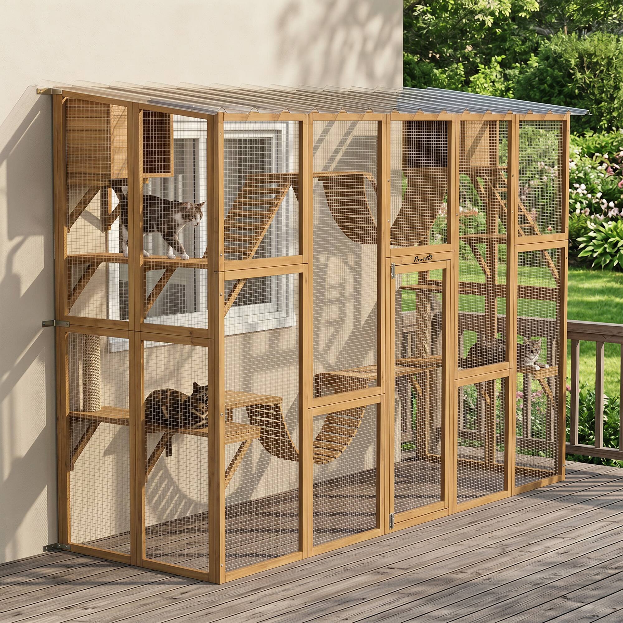 Alt View 8. Pawhut - Playground Cat Window Box Outside Enclosure for Multiple Cats w/ Shelves & Bridges - Yellow.