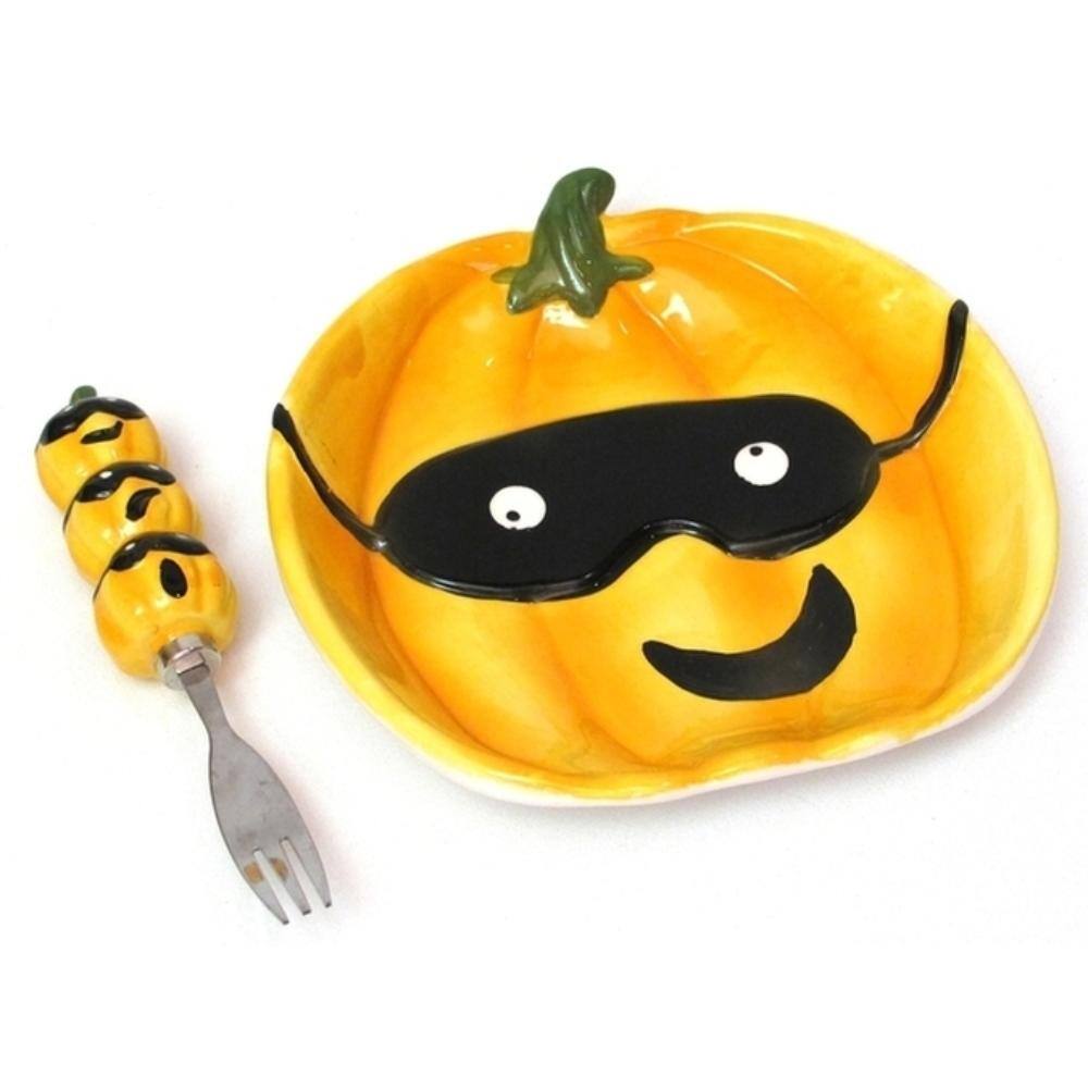 Front. BreeBe - Ceramic Pumpkin Plate with Fork Set - Yellow, Black.