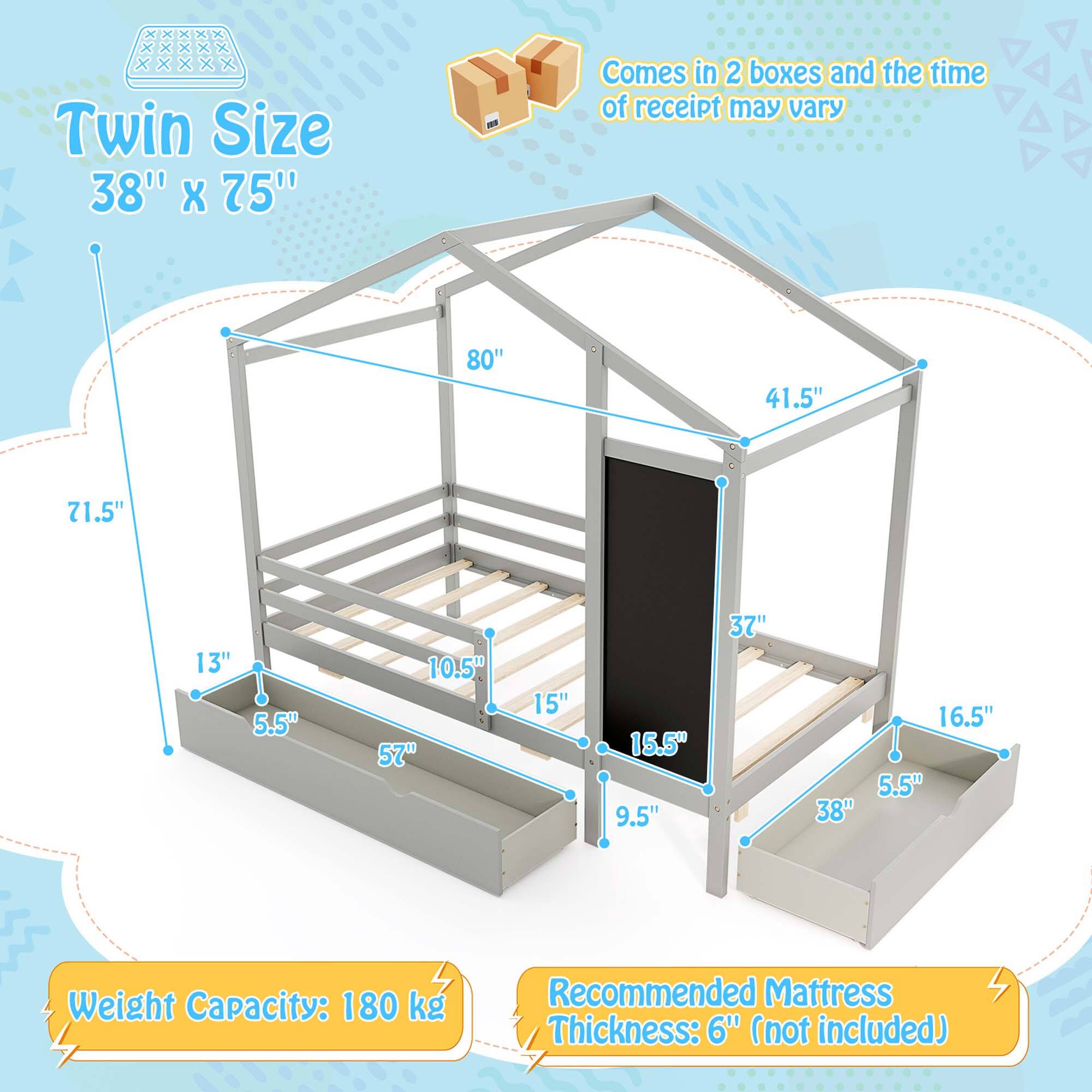 Twin Size 38" X 75" Comes in 2 boxes and the time of receipt may vary. 80" 41.5" 71.5" 13" 5.5" 10.5" 57" 15" 15.5" 9.5" 3" 38" 16.5" 5.5" Weight Capacity: 180 kg Recommended Mattress Thickness: 6" (not included).