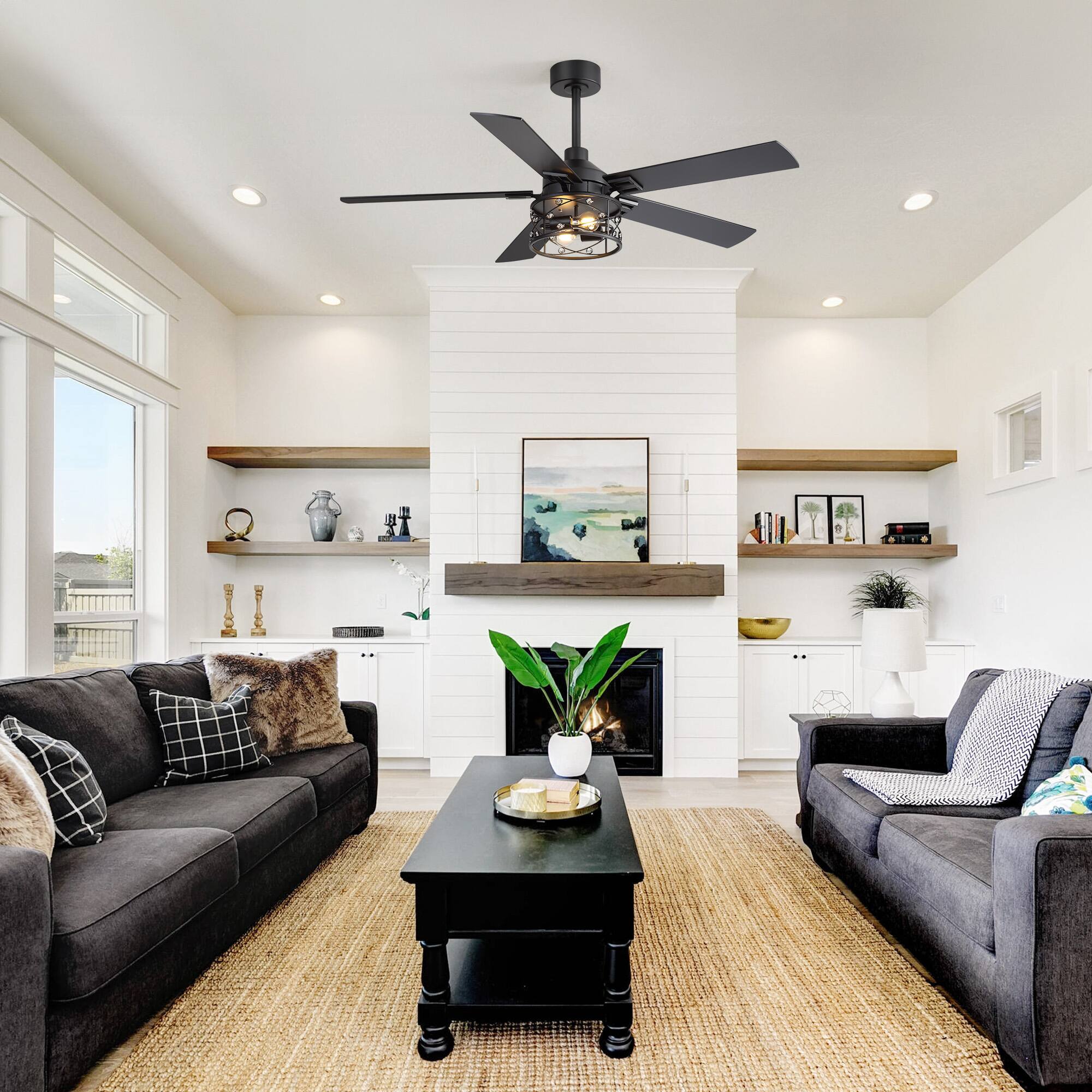 Alt View 1. Breezary - 52-In Ceiling Fan with Crystal Light Fixture, 5 Reversible Plywood Blades, DC Motor, Remote Control, Includes 2 Downrods - matte black and walnut.