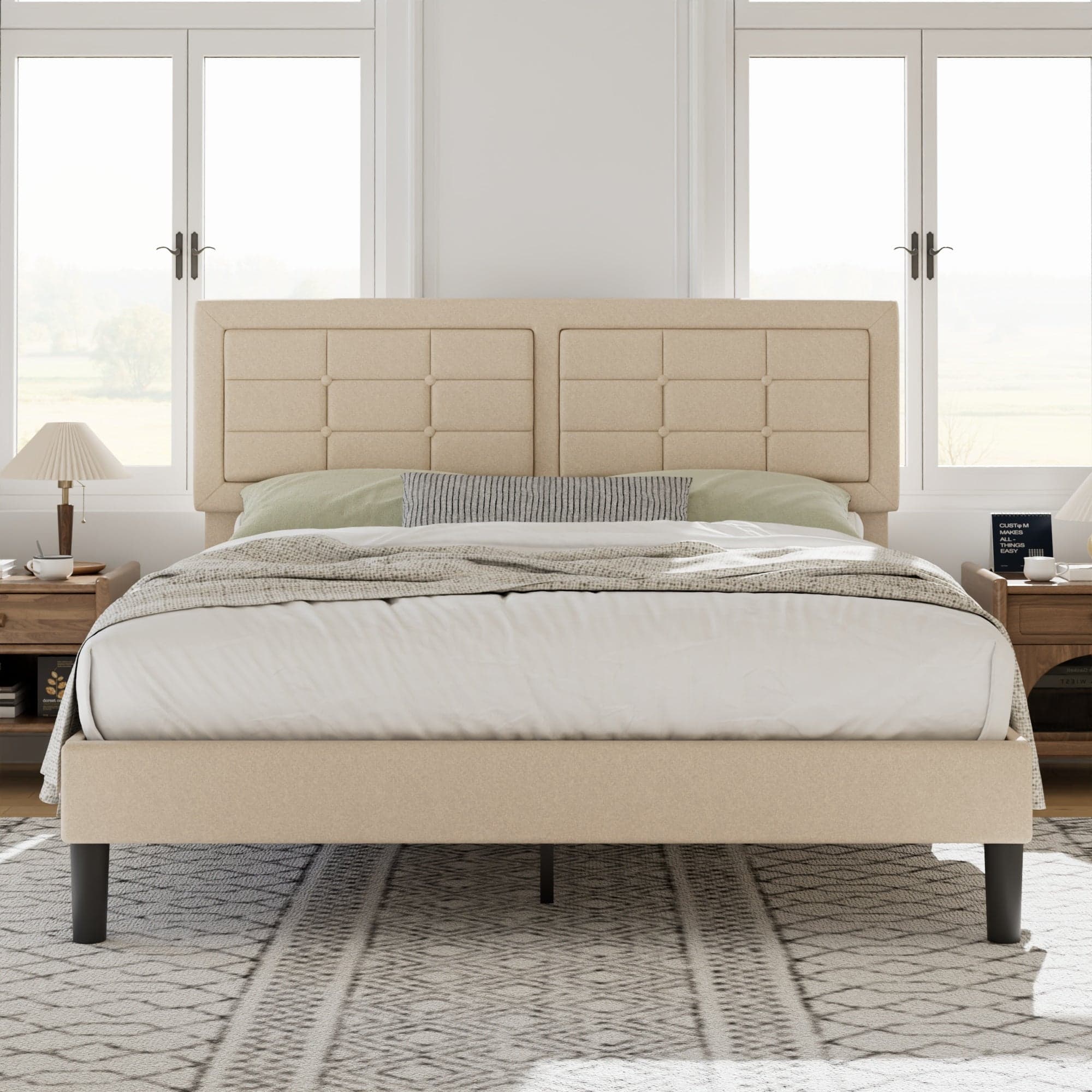 Vecelo - Modern Queen Upholstered Bed Frame with Adjustable Headboard, Linen Tufted Platform Bed, Noise-Free Design - Beige