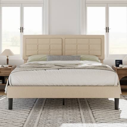 Front. Vecelo - Modern Queen Upholstered Bed Frame with Adjustable Headboard, Linen Tufted Platform Bed, Noise-Free Design - Beige.