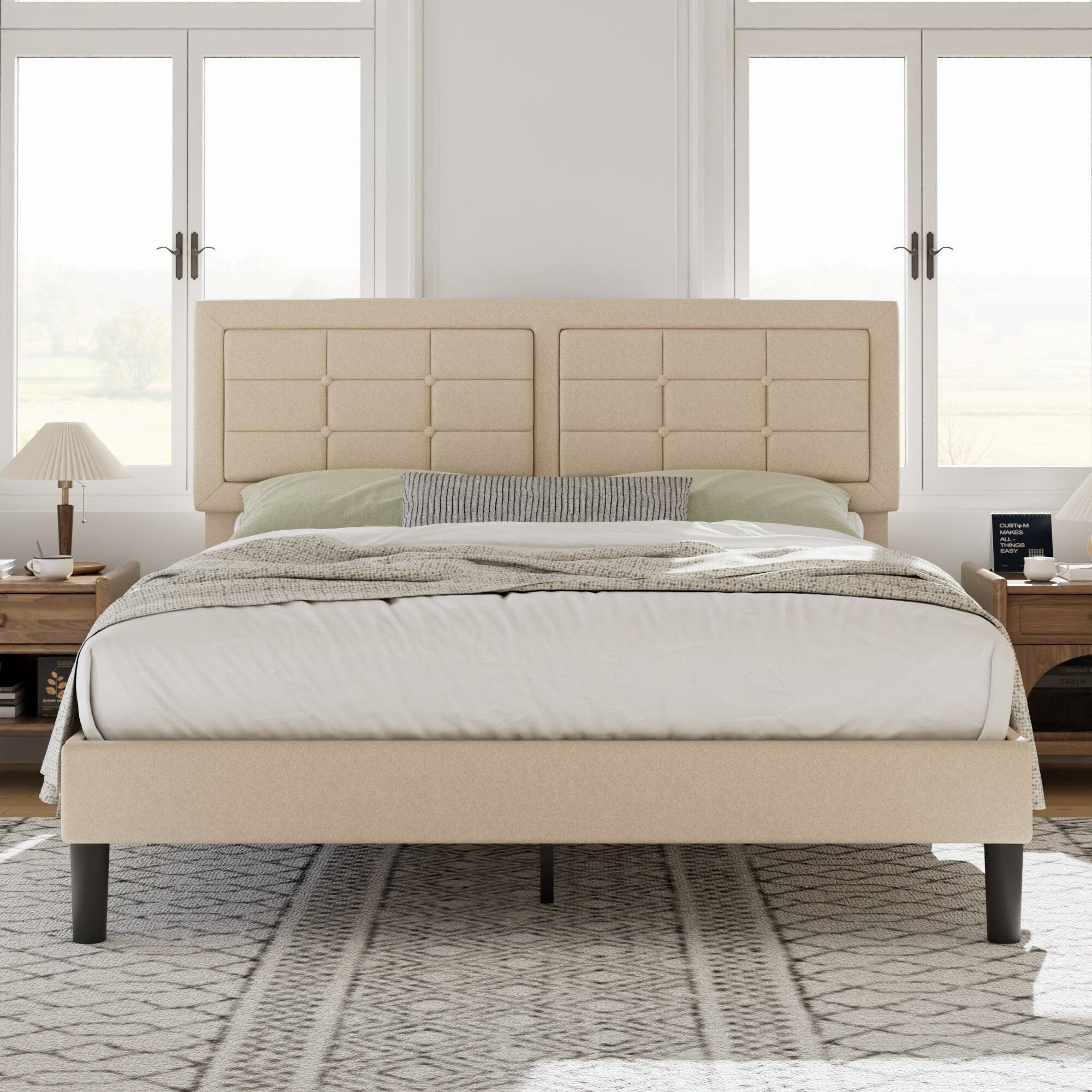 Vecelo - Modern Queen Upholstered Bed Frame with Adjustable Headboard, Linen Tufted Platform Bed, Noise-Free Design - Beige