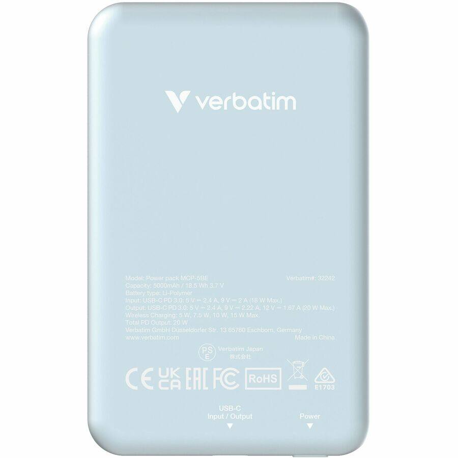 Model: Power pack MCP-5BE  
Capacity: 5000mAh / 18.5 Wh  
Battery type: Li-Polymer  
Input: USB-C PD 3.0, 2.4 A, 9 V, 18 W (Max.)  
Output: USB-C PD 3.0, 2.4 A, 2.22 A, 12 V, 1.67 A (20 W Max.)  
Wireless Charging: 5 W, 7.5 W, 10 W, 15 W (Max.)  
Total PD Output: 20 W  

Verbatim GmbH, Dusseldorfer Str. 13, 65760 Eschborn, Germany  
www.verbatim.com  
Made in China  
Verbatim Japan  

CE, CA, EAL, FC, RoHS  
USB-C Input/Output  
E1703  

Verbatim: 32242