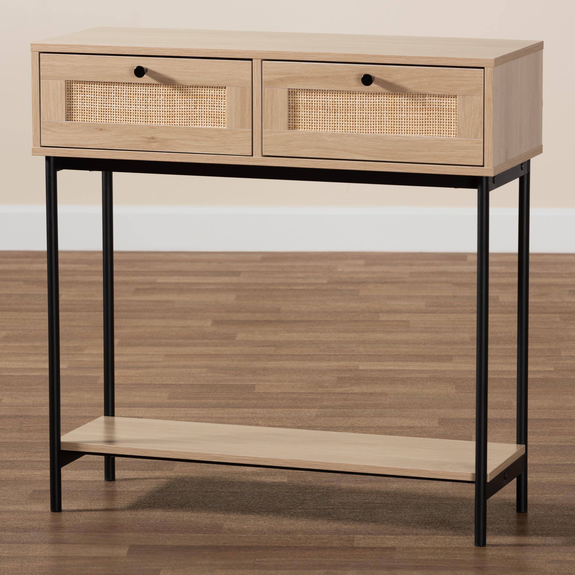 Alt View 5. Baxton Studio - Sherwin Mid-Century Modern  and 2-Drawer Console Table with Woven Rattan Accent - Light Brown/Black.