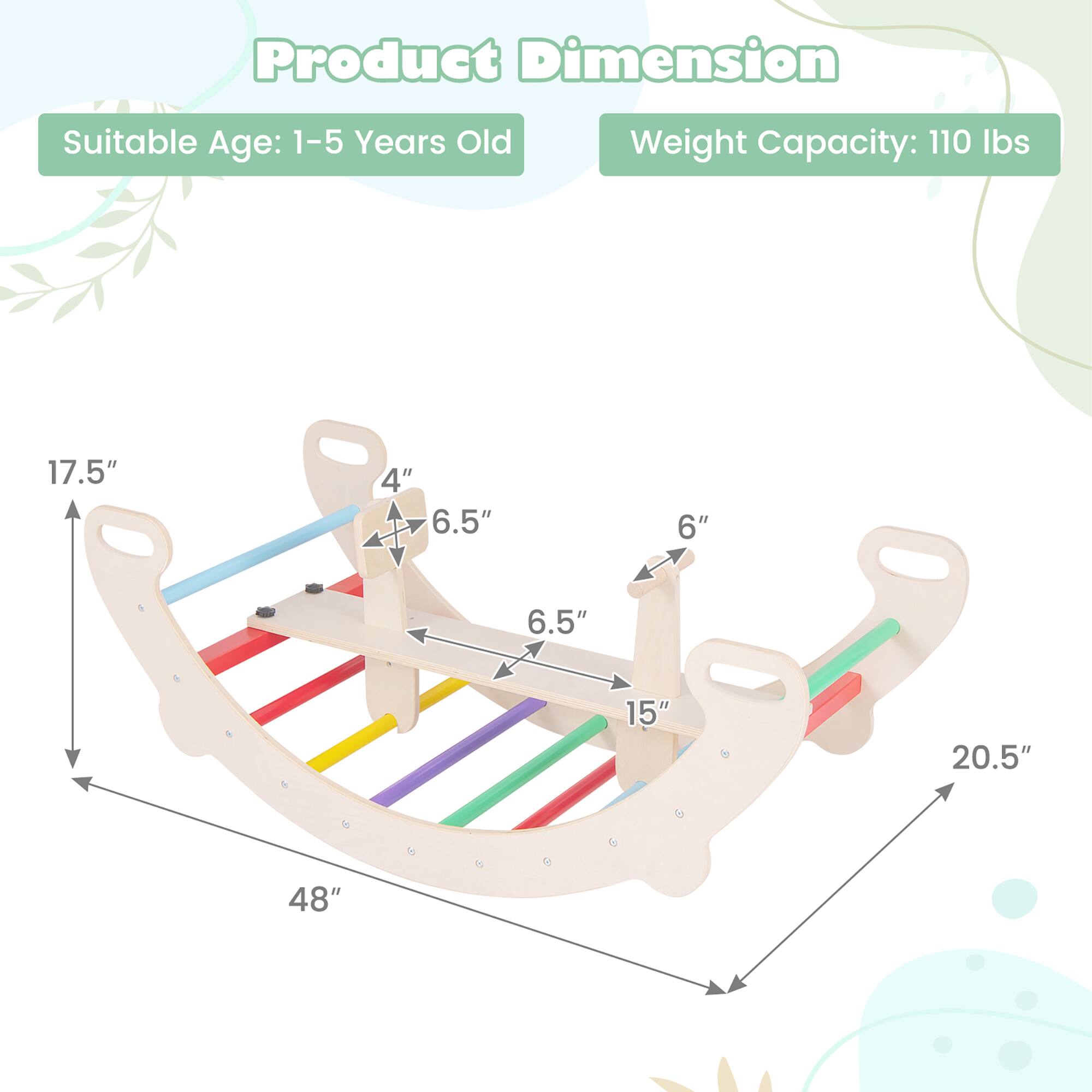 Product Dimension  
Suitable Age: 1-5 Years Old  
Weight Capacity: 110 lbs  

17.5"  
48"  
20.5"  
15"  
6"  
6.5"  
6.5"  
4"