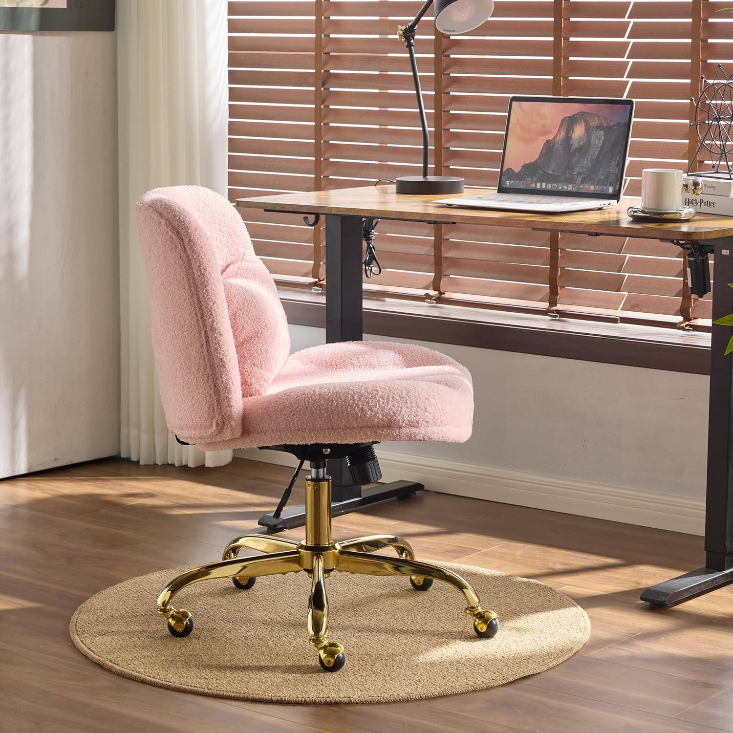Alt View 4. Winado - Wide Criss Cross Legged Office Desk Chair with Pillow Dual-Use,Adjustable Vanity Swivel Chair for Bedroom,Home Office - Petal Pink.