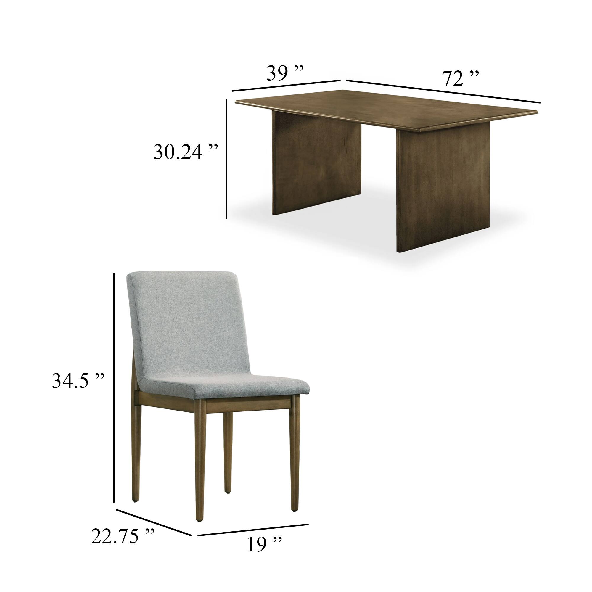 - Table:
  - Length: 72"
  - Width: 39"
  - Height: 30.24"

- Chair:
  - Height: 34.5"
  - Width: 22.75"
  - Depth: 19"