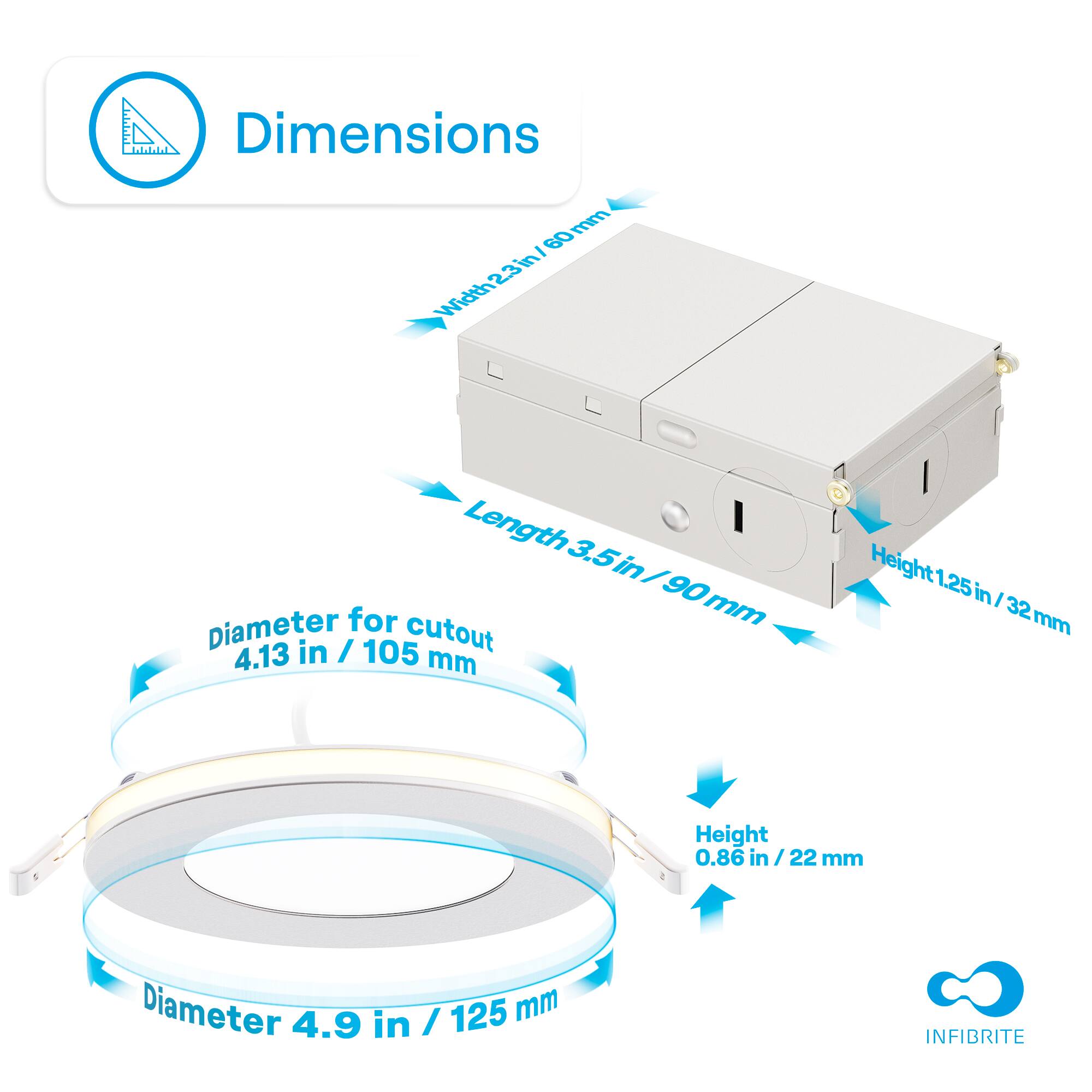 Dimensions  
- Width: 23 in / 580 mm  
- Length: 3.5 in / 90 mm  
- Height: 1.25 in / 32 mm  
- Diameter for cutout: 4.13 in / 105 mm  
- Height: 0.86 in / 22 mm  
- Diameter: 4.9 in / 125 mm  

INFIBRITE