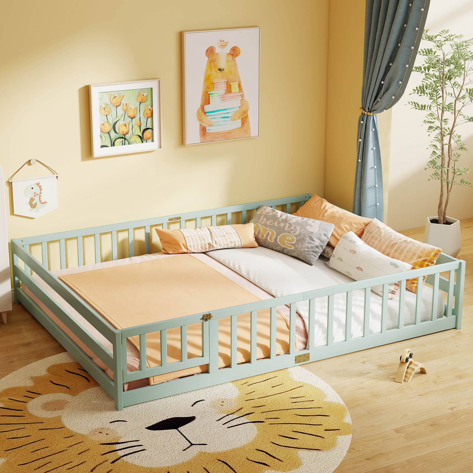 Alt View 3. Costway - Costway Queen Size Floor Bed with Full Length Safety Guardrails & Door for Boys, Girls - Mint Sky.