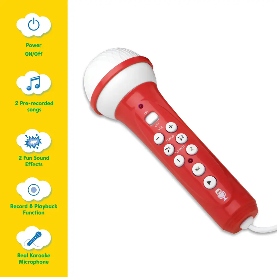 The text on the image can be grouped and corrected as follows:

Power ON/OFF: 2 Pre-recorded songs ON + 2 Fun Sound Effects OFF + Record & Playback Function ON + Real Karoake Microphone ON

This grouping and correction provide a clear description of the features of the red and white microphone, including the power options, pre-recorded songs, fun sound effects, and the record and playback function.