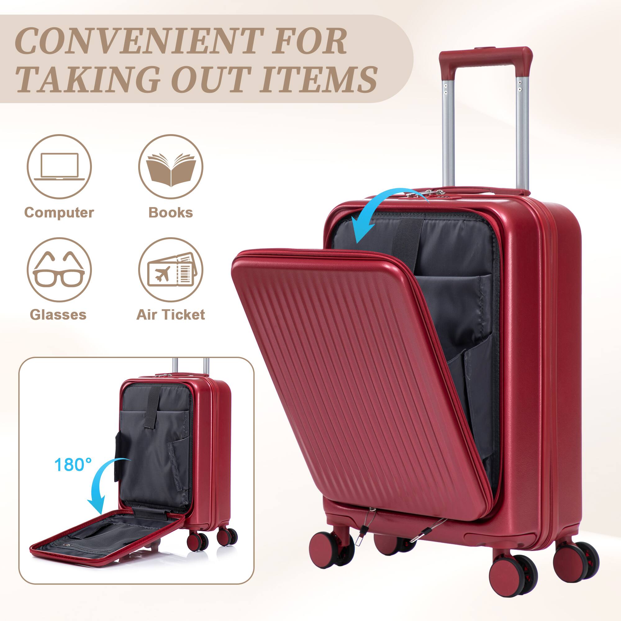 CONVENIENT FOR TAKING OUT ITEMS

- Computer
- Books
- Glasses
- Air Ticket

180°