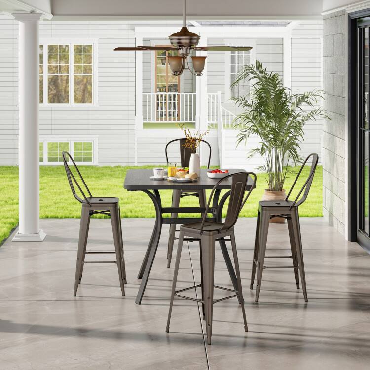 Left. Mondawe - 24in Stackable Metal Bar Stool Set w/ Removable Backrest, Industrial Counter Height Chairs for Indoor Outdoor, 4Pcs - Dark Grey.