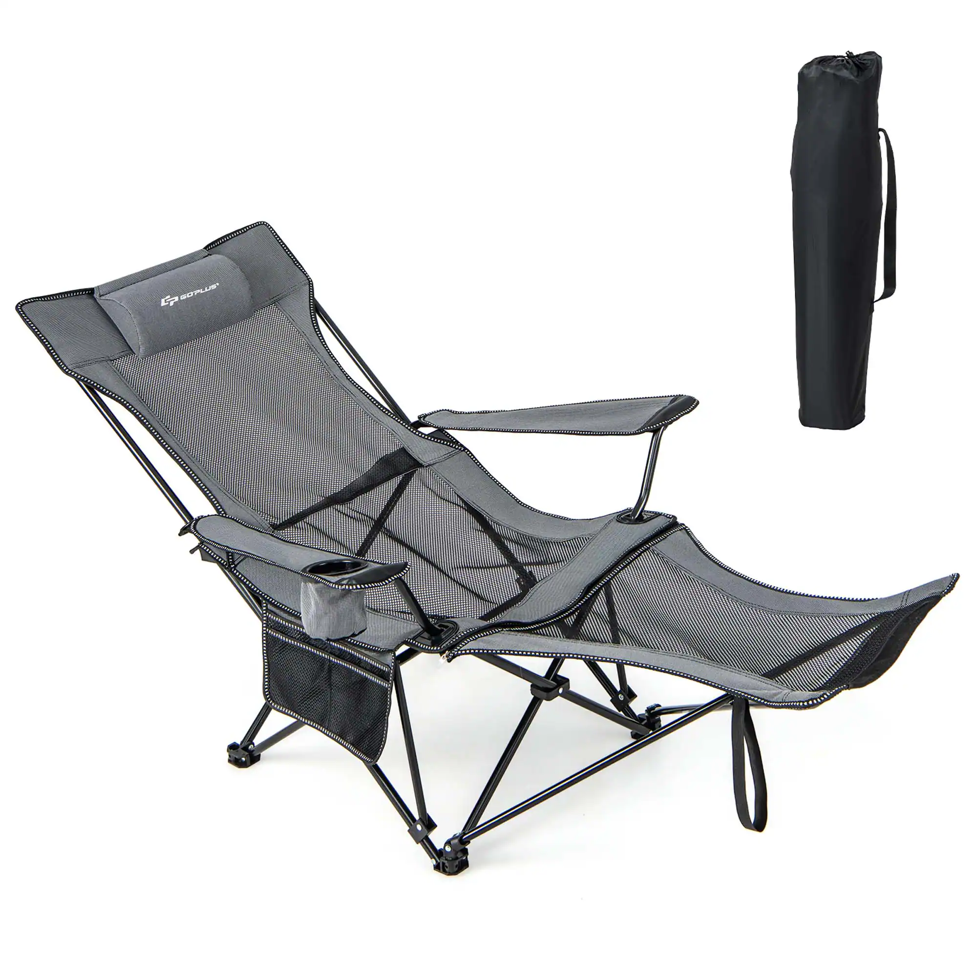 Costway - Folding Camping Chair with Detachable Footrest for Fishing, Camp, Picnics Grey - Gray