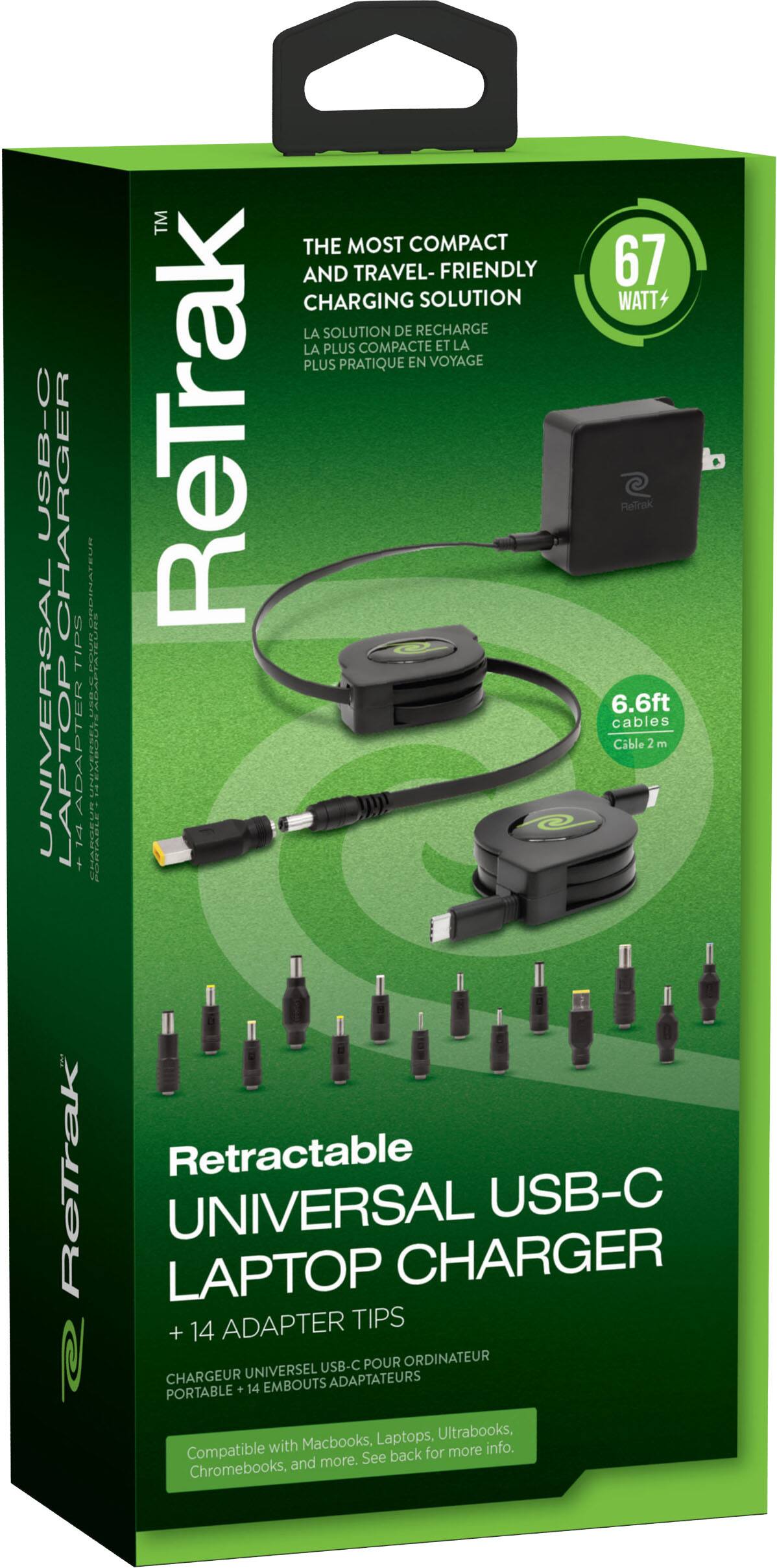 TM THE MOST COMPACT AND TRAVEL-FRIENDLY 67 WATT CHARGING SOLUTION LA SOLUTION DE RECHARGE LA PLUS COMPACTE ET LA PLUS PRATIQUE EN VOYAGE USB-O CHARGER RUSTANICU ReTrak Retrak l TIPS A UNIVERSAL I 6.6ft cables ADAPTER Cible 2 m LAPTOP MAROE HENRCI 1- TAR CONIADIE + ReTrak Retractable UNIVERSAL USB-C LAPTOP CHARGER 14 ADAPTER TIPS + USB-C POUR ORDINATEUR CHARGEUR UNIVERSEL ADAPTATEURS PORTABLE + 14 EMBOUTS Laptops, Ultrabooks, Compatible with Macbooks, Chromebooks, and more. See back