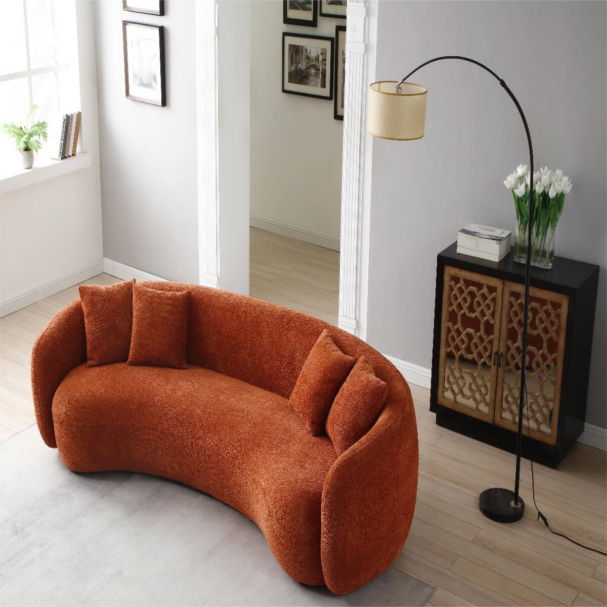 Alt View 2. Ropilly - Ropilly Curved Boucle Sofa, Half Moon Sectional 5 Seater Couch in Orange with 4 Throw Pillows - Orange.