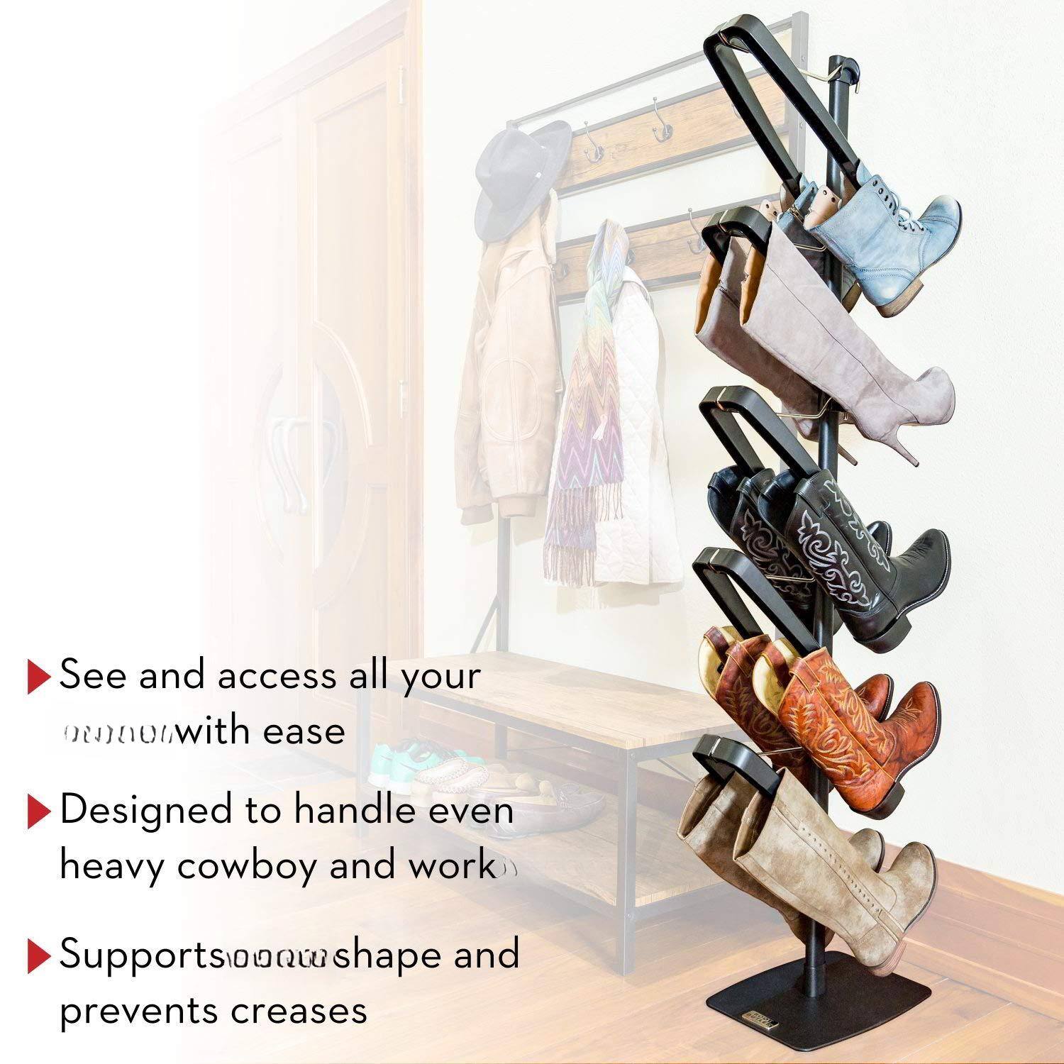 Sure, here is the corrected text:

- See and access all your shoes with ease
- Designed to handle even heavy cowboy and work boots
- Supports various shapes and prevents creases