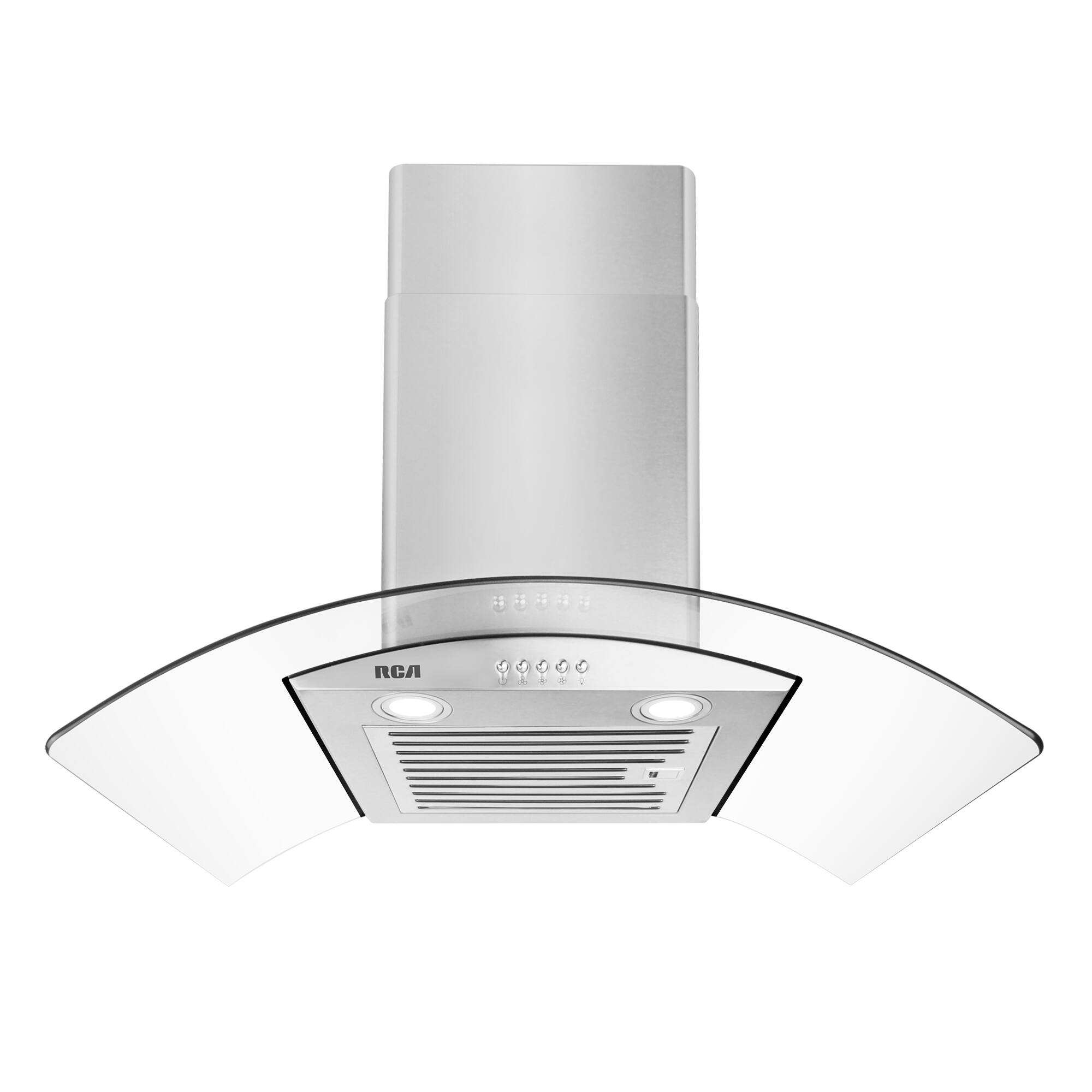 Front. RCA - 30 in. Regency Collection 400 CFM Ducted Glass Canopy Wall Mount Range Hood, Push Buttons, LEDs - Stainless Steel.