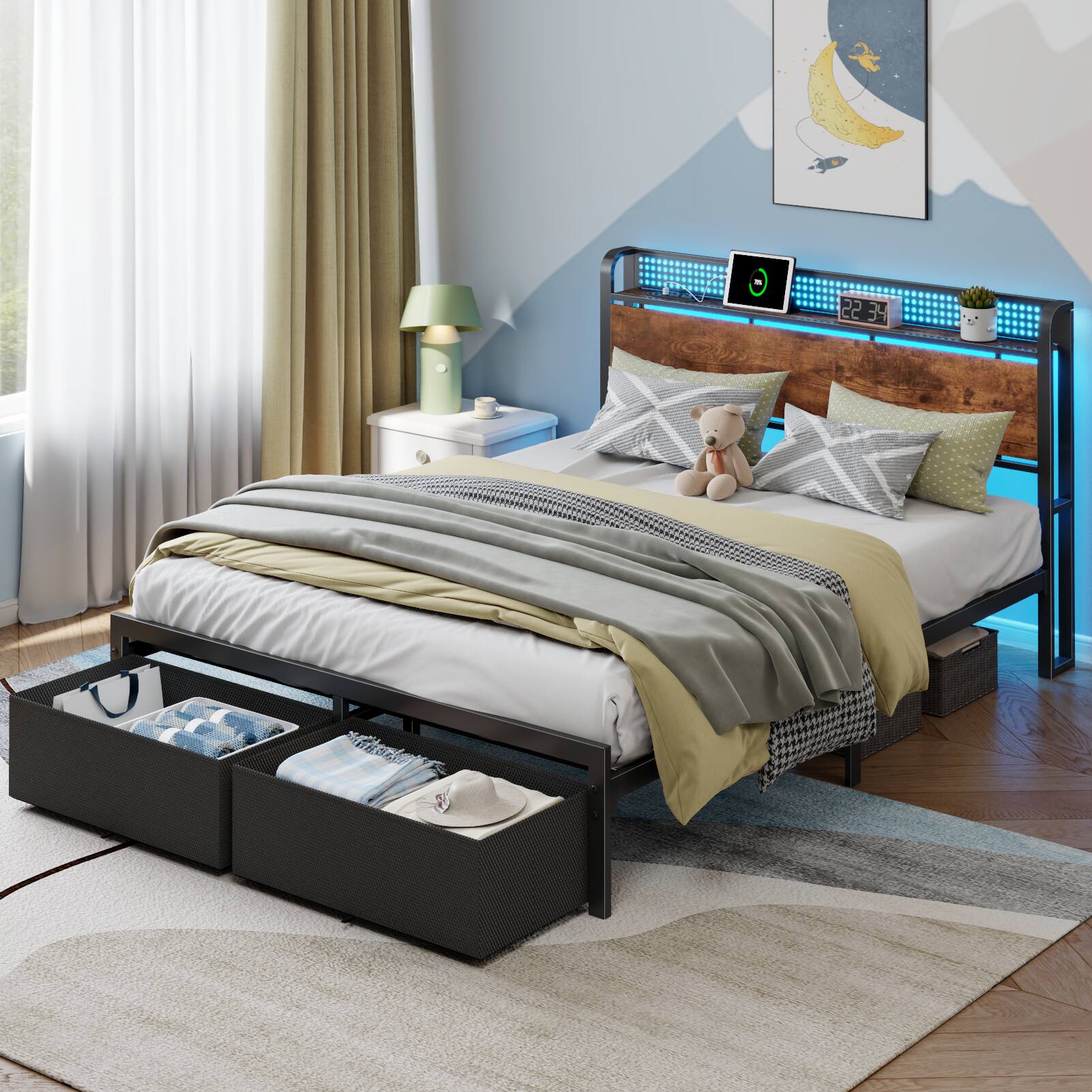Left. Furnulem - Bed Frame with 2 Underbed Drawers and Open Storage Headboard RGB LED Light and Charging Station - Brown.