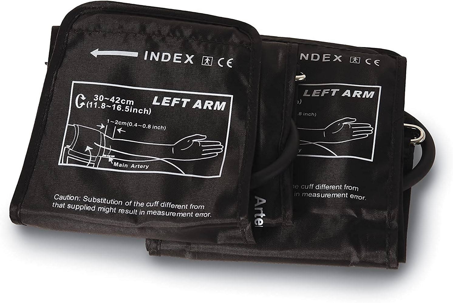 INDEX CE  
LEFT ARM  
30~42cm (11.8~16.5 inch)  
1~2cm (0.4~0.8 inch)  
Main Artery  
Caution: Substitution of the cuff different from that supplied might result in measurement error.  

INDEX CE  
LEFT ARM  
8 inch  
Caution: Substitution of the cuff different from that supplied might result in measurement error.