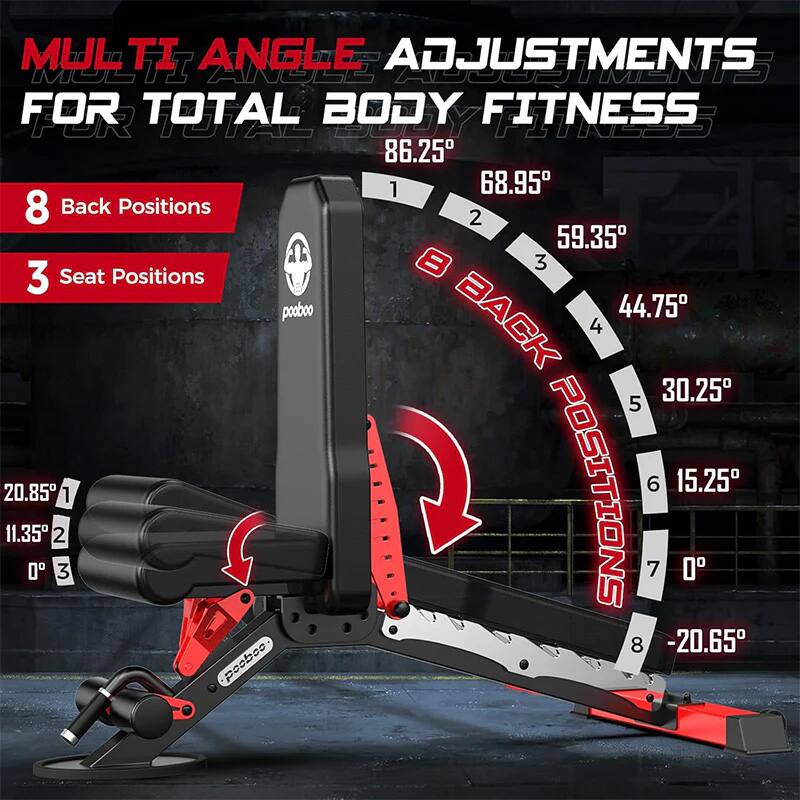 MULTI ANGLE ADJUSTMENTS FOR TOTAL BODY FITNESS

8 Back Positions
3 Seat Positions

86.25°
68.95°
59.35°
44.75°
30.25°
15.25°
0°
-20.65°

pooboo